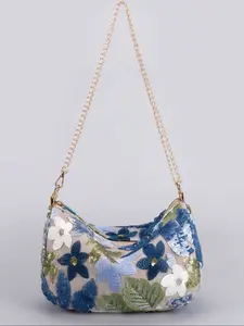 Elegant Floral Embroidered Sequin Hobo Bag, Silver Color Chain Shoulder Bag, Beaded Handbag, Perfect for Weddings, Parties, Dates, High Fashion
