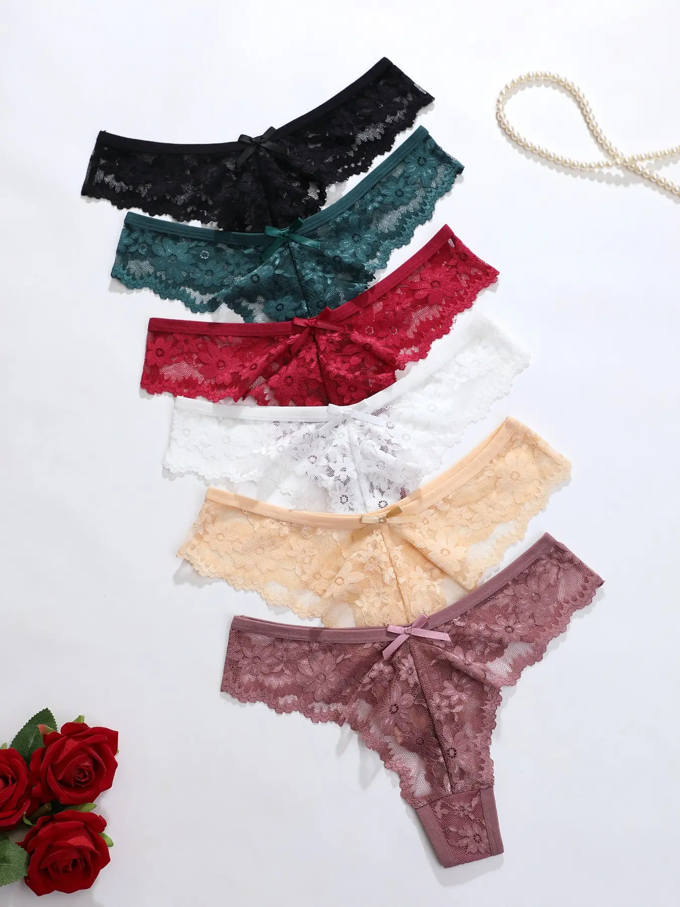 6 Pcs Floral Lace Thongs, Bow Detail Women's Lingerie, Sexy Comfortable Breathable, Elastic Lace G-String, Party, Date, Daily Wear