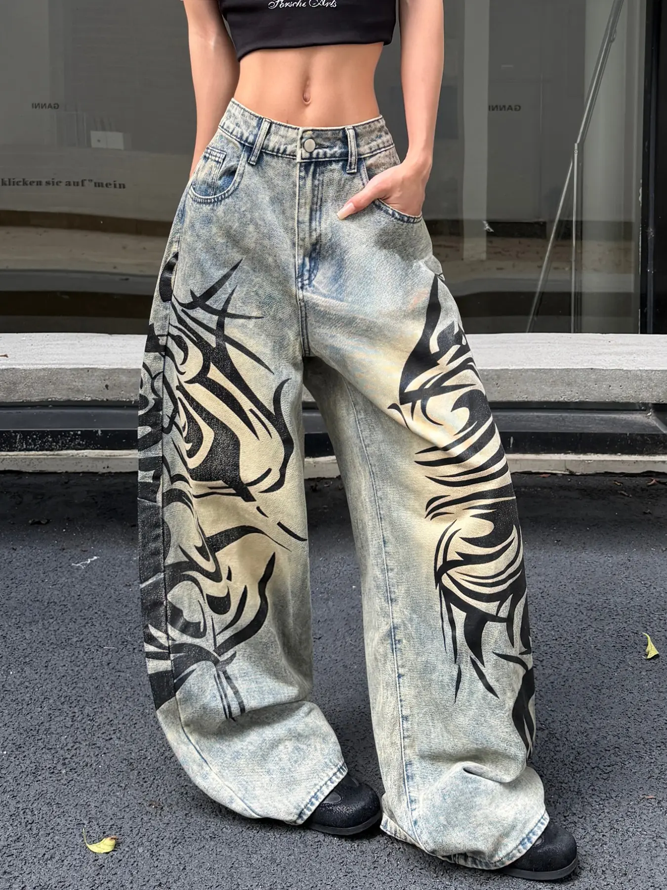 Women's Vintage Washed Totem Print High Waist Slim Straight Leg Jeans, Y2K Street Fashion Loose Long Pants, Baggy, All Seasons