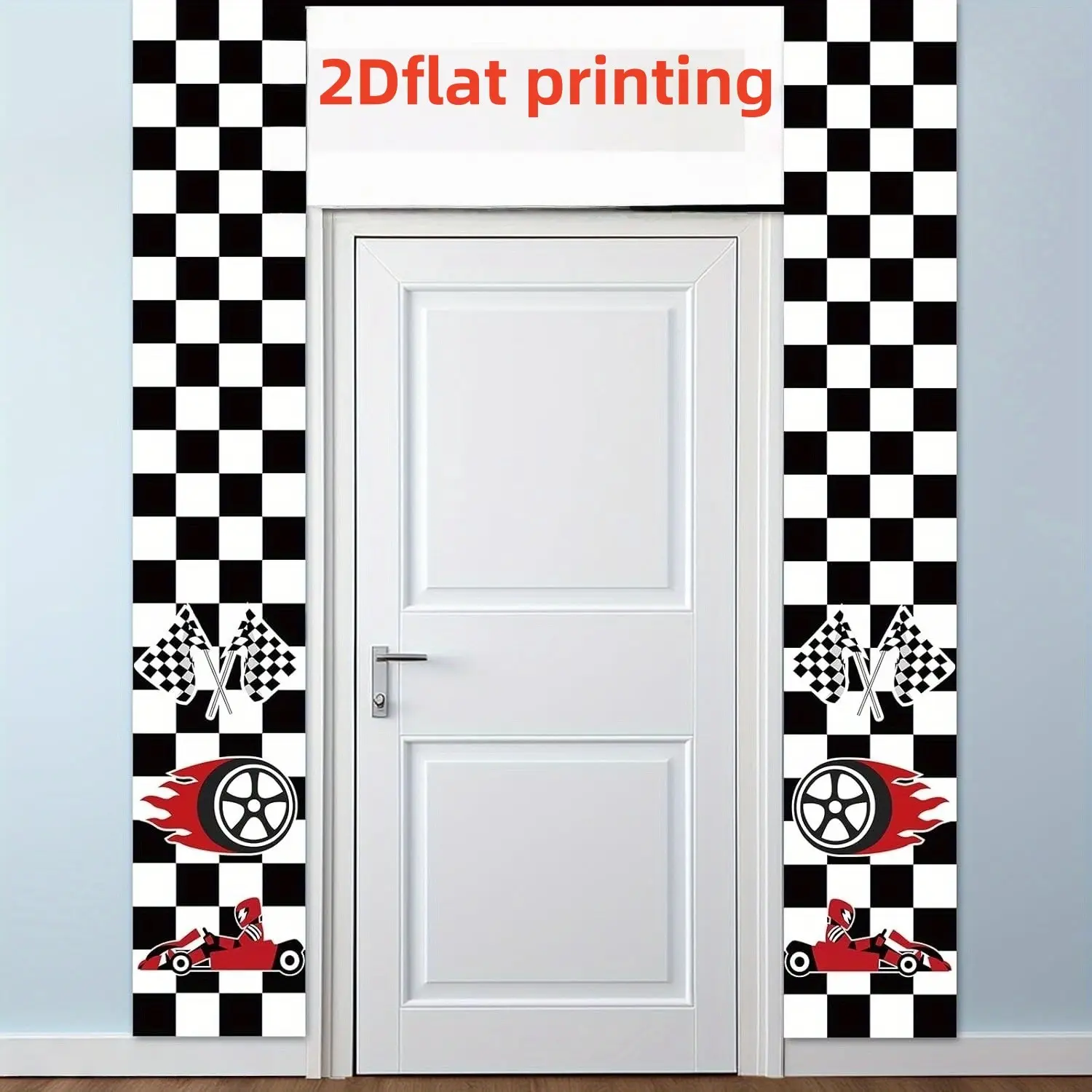 2D Flat banner 2pc Racing Car Themed Birthday Couplets Black and White Checkered Flag Style Decor for Birthday Party Arrangement, Racing Style Background Decoration, Racing Style Backdrop Polyester Indoor & Outdoor