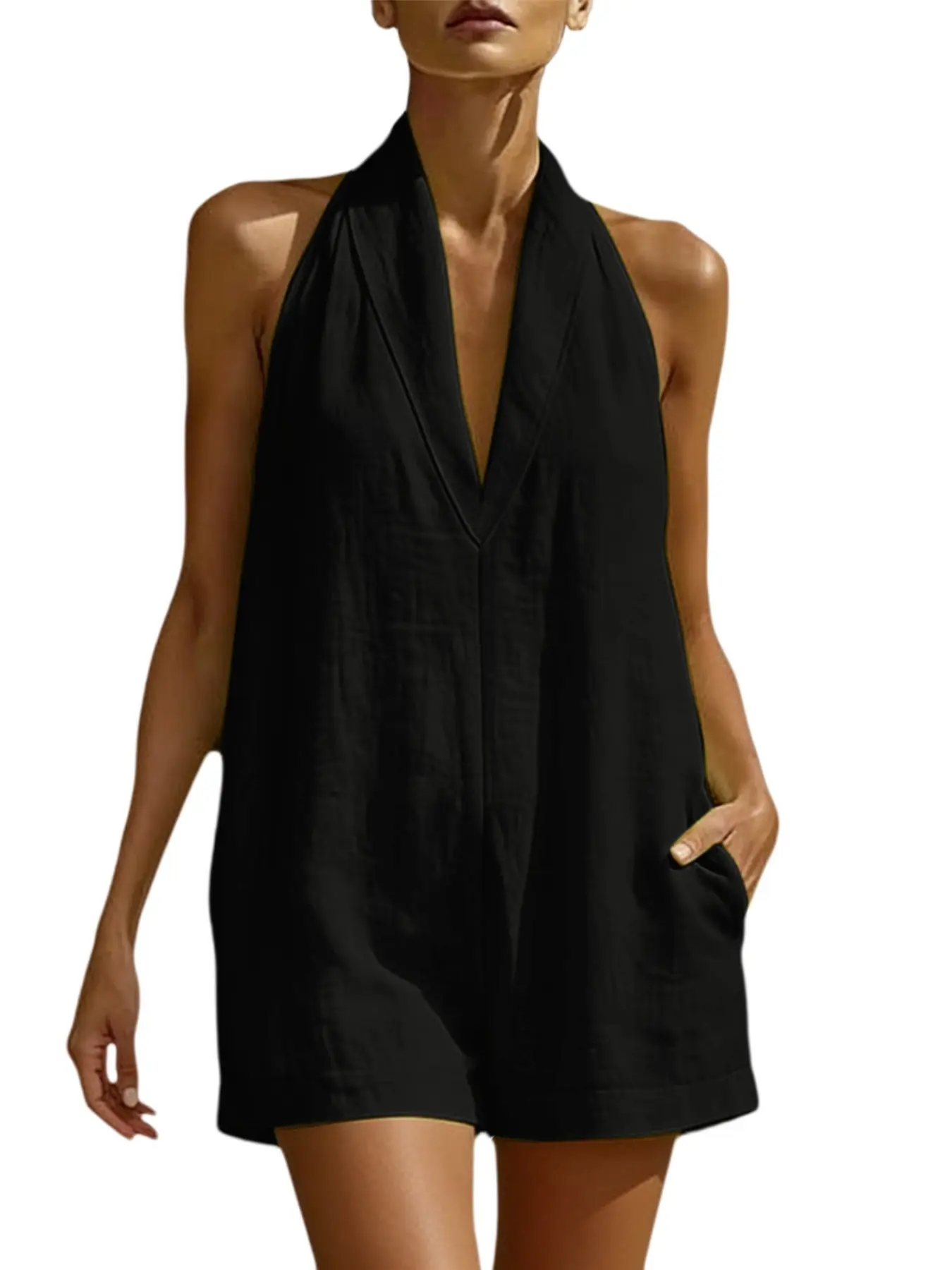 Women's Summer Fashion Chic Casual Basic Loose Halter One-Piece Shorts, Deep V Sleeveless Solid Color Short Dress, Lightweight Breathable Outdoor Daily Wear