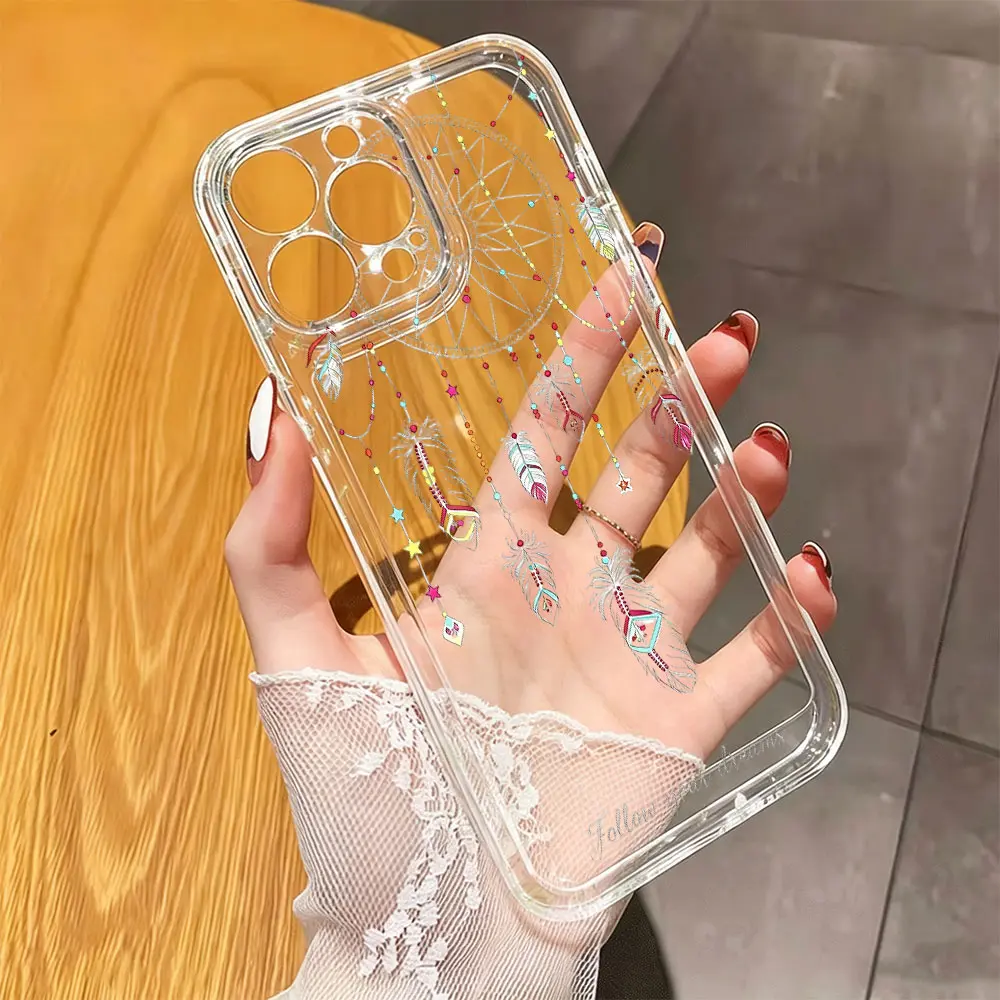 Beaded Feather Dreamcatcher Phone Case, Boho Hand-Drawn Style for iPhone 17 16 15 14 13 12 11 Plus Pro Max, Daily Inspirational Gift
