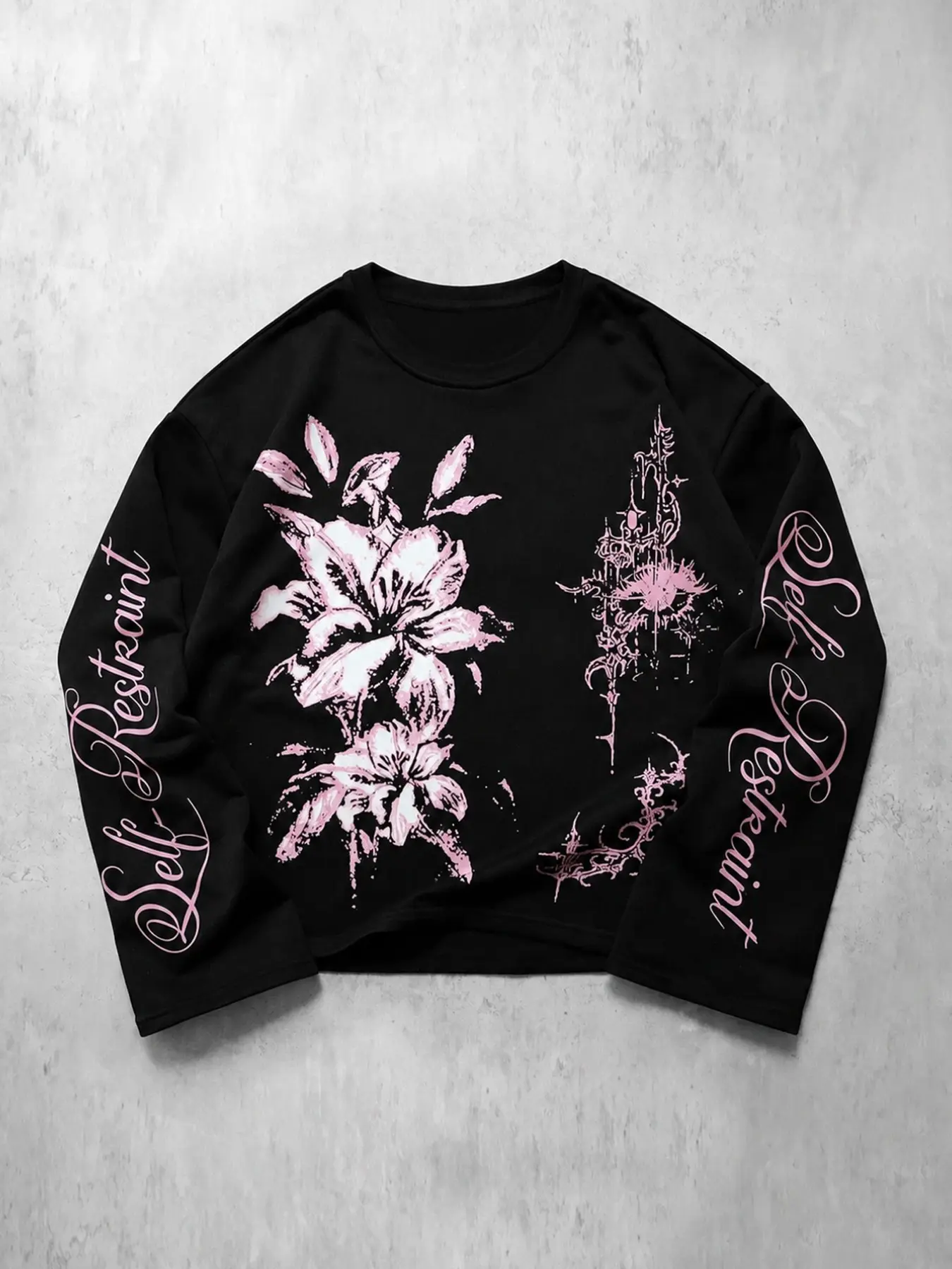 Y2K Cyber Sigilism Lily Print Oversized Long Sleeve Sweatshirt – Pink Black Gothic Graphic Streetwear Top for Festival, Casual & Everyday Wear