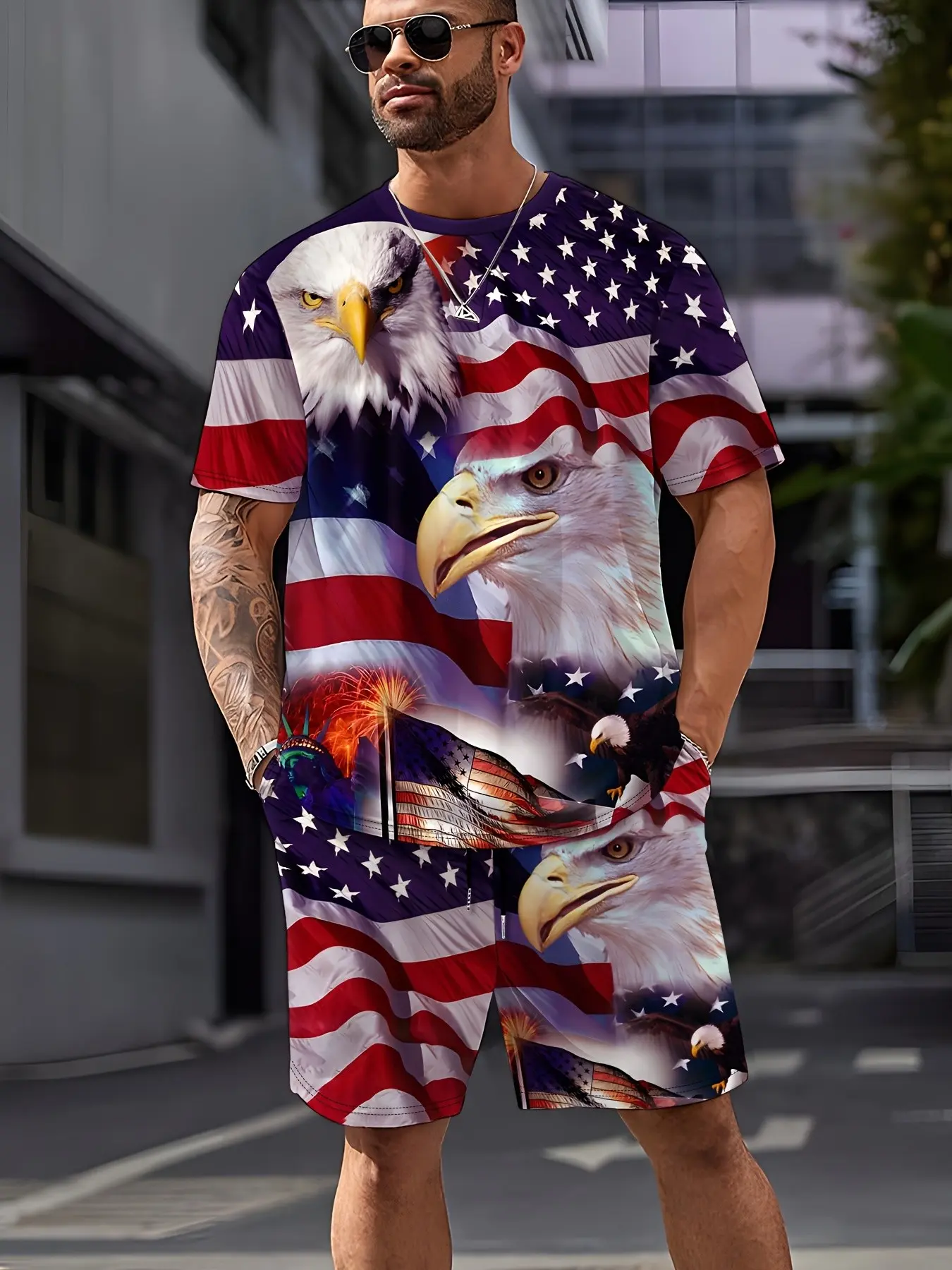 Mens Eagle Flag Patriotic Matching Set, Smooth Sweat-Wicking Breathable Fabric, Loose Fit For Independence Day Parade & Backyard BBQ, LA