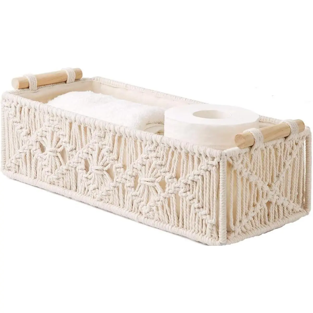 Cotton Macrame Woven Storage Organiser with Wood Handle - Boho Decorative Basket for Countertop, Toilet Tank Top Shelf, Nursery Use, Ideal for Toilet Paper Storage, Great Gift Option