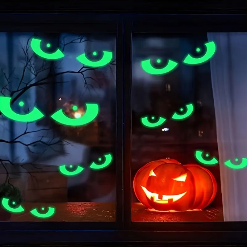 8 Pairs Glow-In-The-Dark Halloween Window Stickers, Removable Fluorescent Halloween Wall Decals, Self-Adhesive Horror Party Decorations