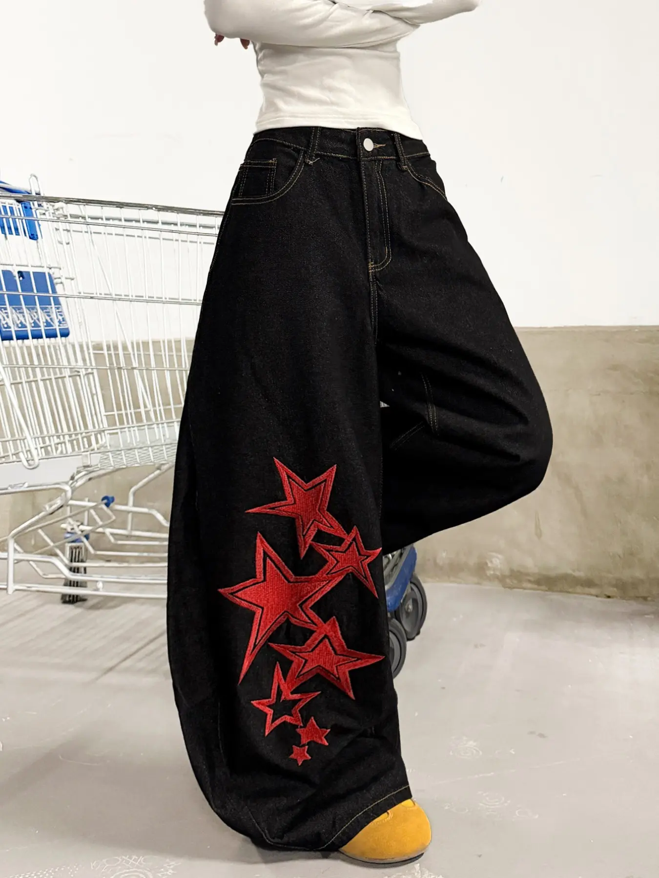 Women's High Waist Denim Jeans, Embroidered Letter Star Design, Y2K Street Style, Loose Fit, Oversized, All Seasons, Casual Long Pants, Multiple Colors Available