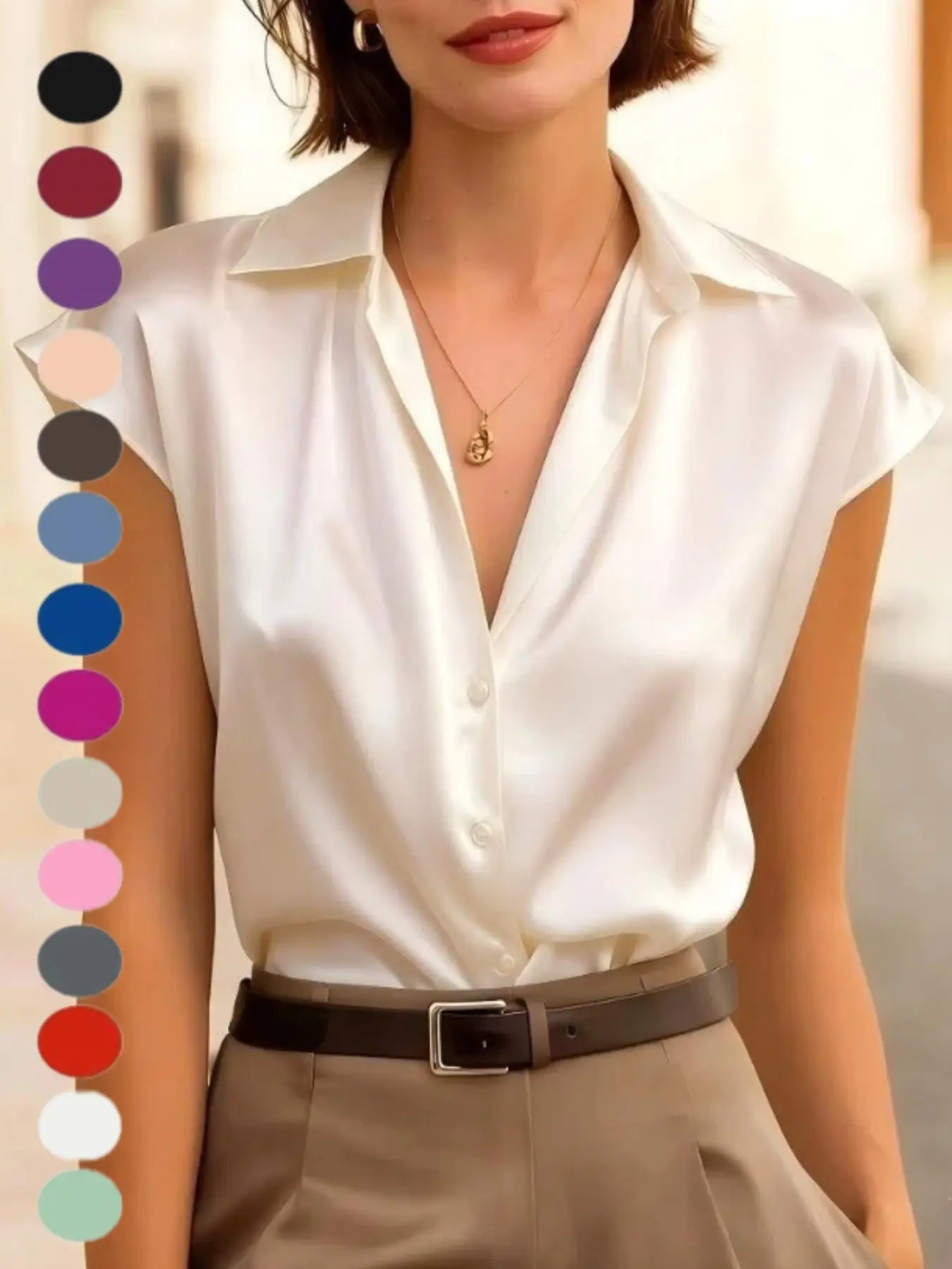 2026 New Arrival Silk Satin Short Sleeve Top, Women's Polo Neck Elegant Blouse Shirt, Spring Summer Fashion, Cross-Border Shopping