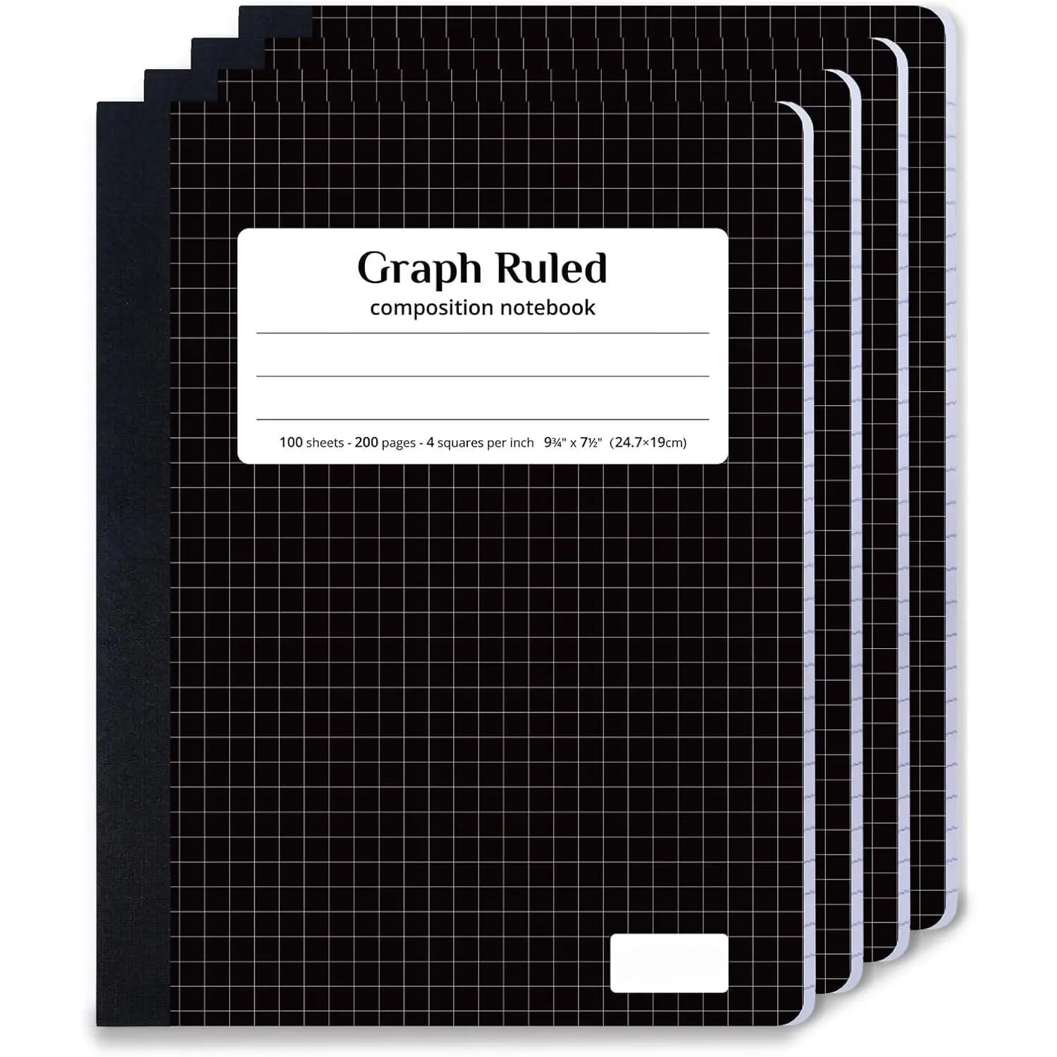 Graph Composition Notebook 4 Pack, 4x4 Grid, 200 Pages, Black | 100 ct, 9.75 x 7.5 in, Grid Paper Notebook, Squared Notebook, Graph Notebook, Math, Science, Engineering