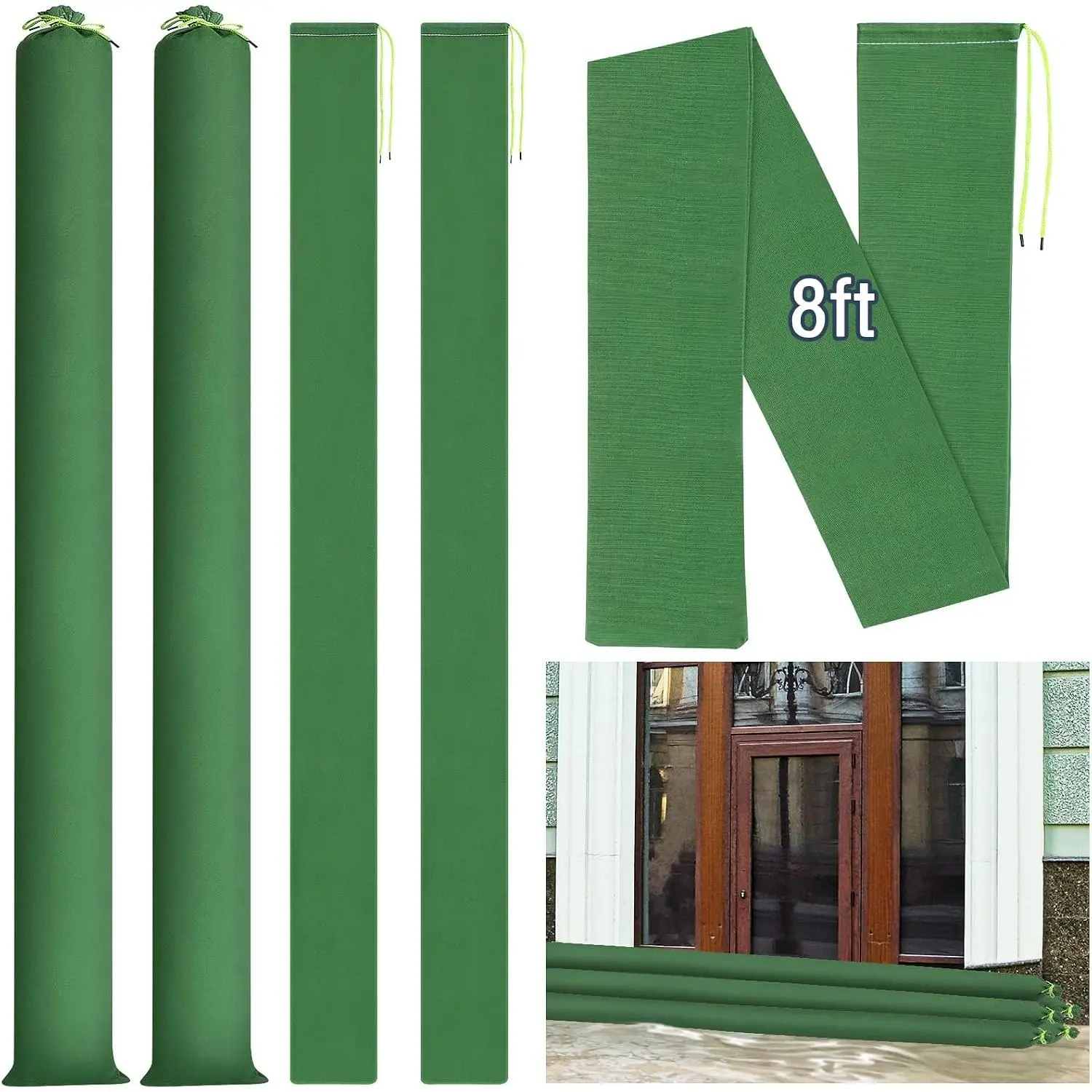 2 count 8ft Sandbags for Flooding, Flood Prevention Sand Tube Bags Thickened Canvas  Rain Wind Flood Barrier with Elastic Band Water Barrier Tube for Door Garden Rain Control, Green