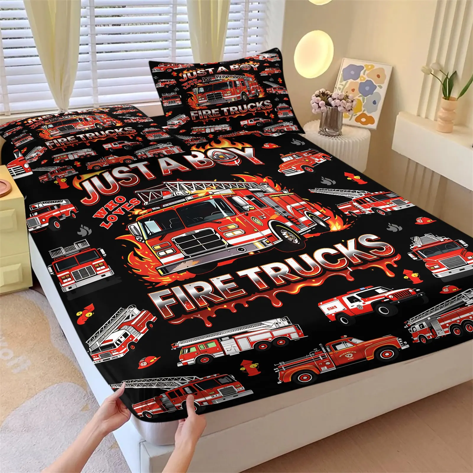Fire Engine Fitted Sheet Twin Size,Cartoon Fire Truck Bedding Set 3Pcs for Kids Boys Teens Girls Room Decor,Red Firemen Car Vehicle Bed Sheet Fashion Black Grey Deep Pocket Sheet,2 Pillowcase