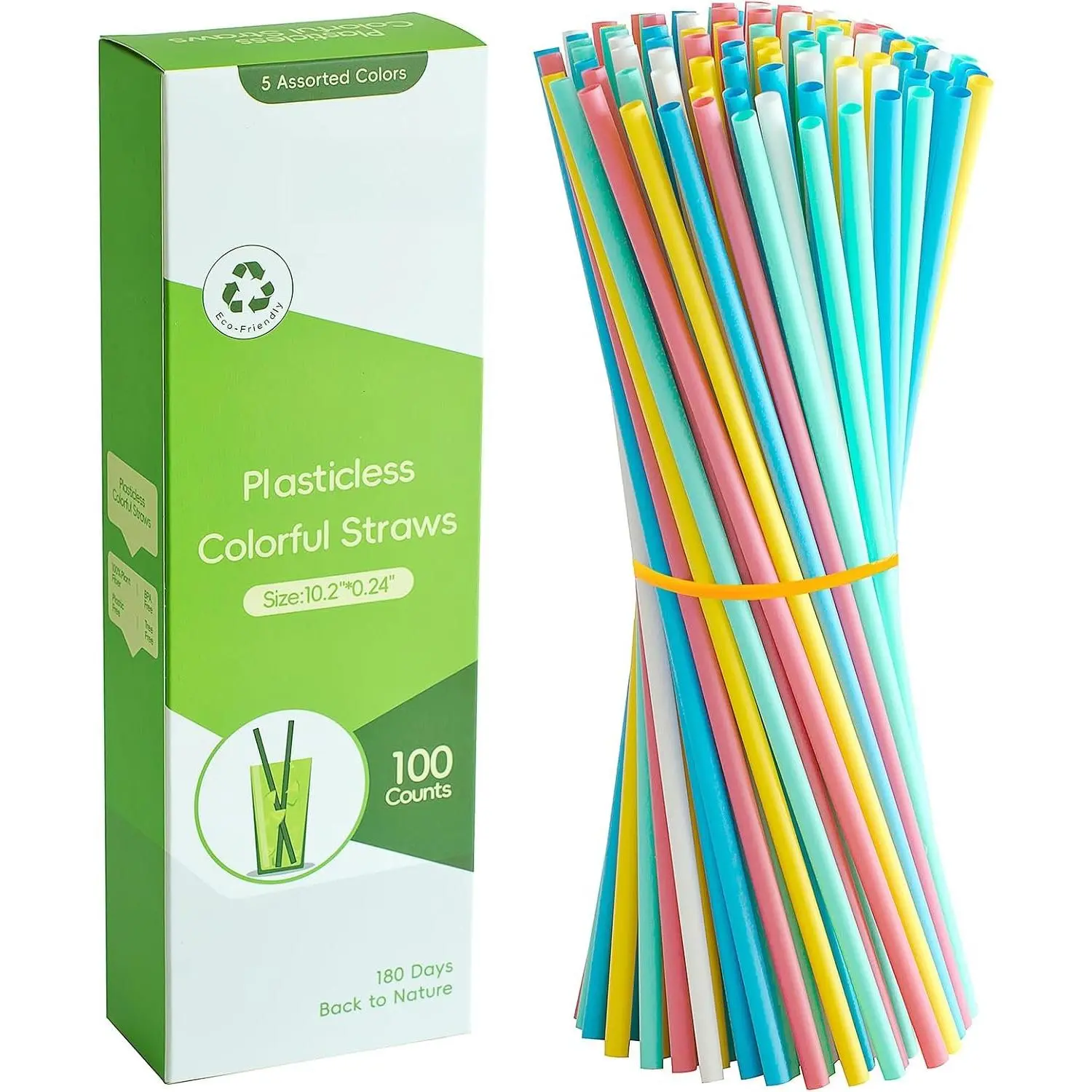 100-Count Sturdy Straight Cornstarch Disposable Drinking Straws, 10.2" Extra Long Plastic-Free Compostable Utensils, 5-Color Party Supplies for Tumblers/Iced Coffee