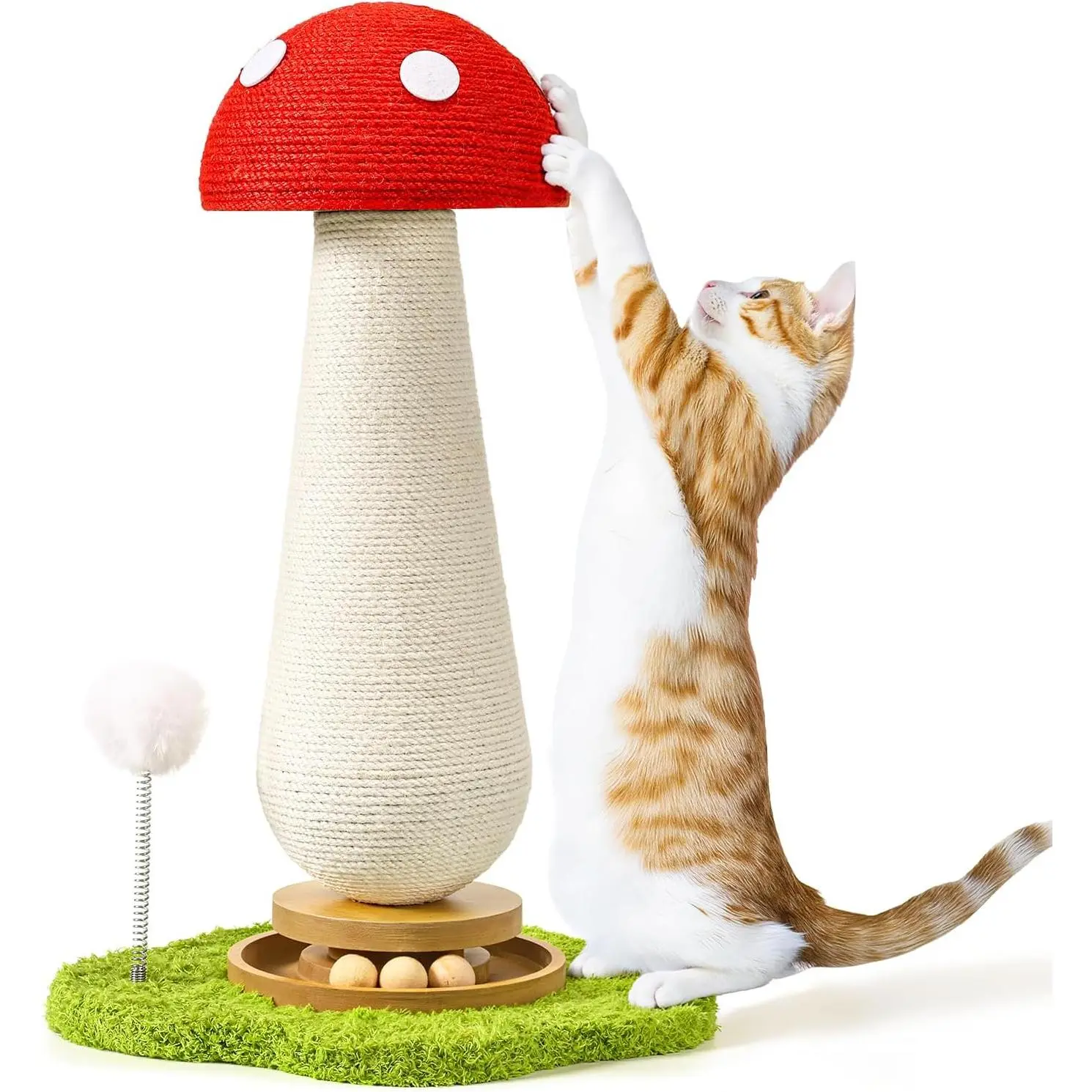 , Mushroom  Scratcher with Interactive Ball Track Spring Ball Toys Cute Sisal Scratchers  for Indoor Adults Kitten with  Base