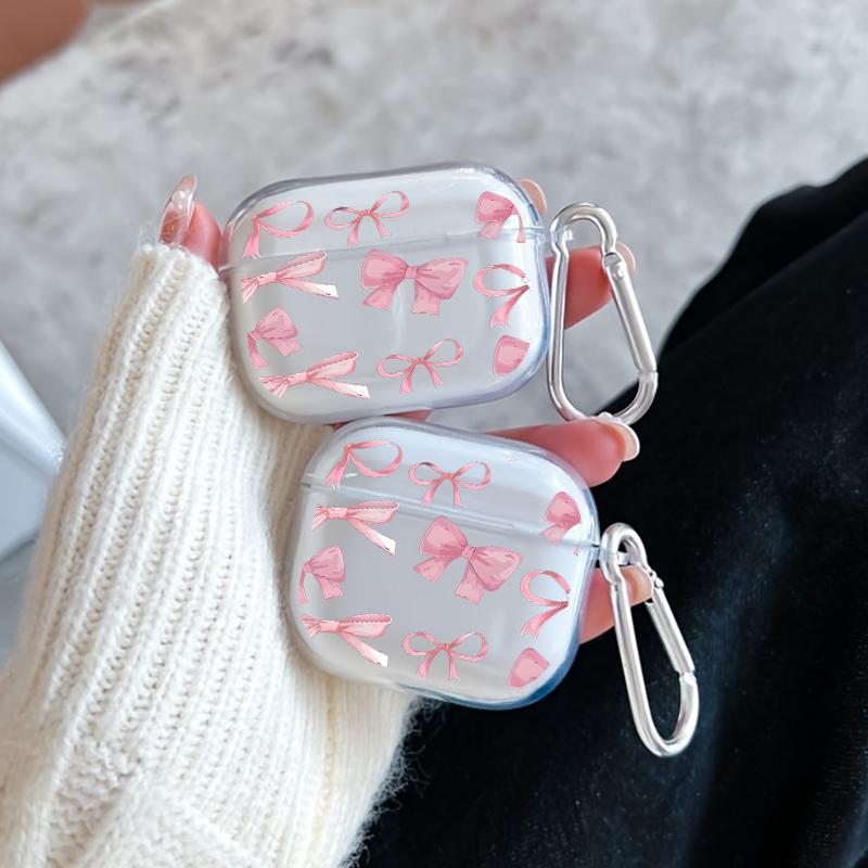 Pink Bow Delight Pattern Protective Case for AirPods 4/3/2/1/Pro/Pro2 Soft TPU Earphone Cover, Transparent with Keychain