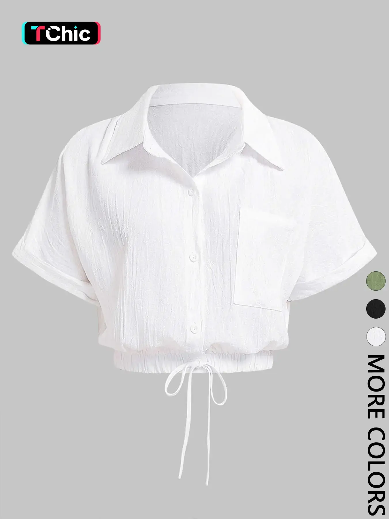 1 Piece Women's Crop Shirt, Collared Button Down Short Sleeve Drawstring Hem Cropped Blouse with Pocket, Loose Fit Casual Top, Figure Flattering for Office Work Daily Wear Vacation Brunch Going Out