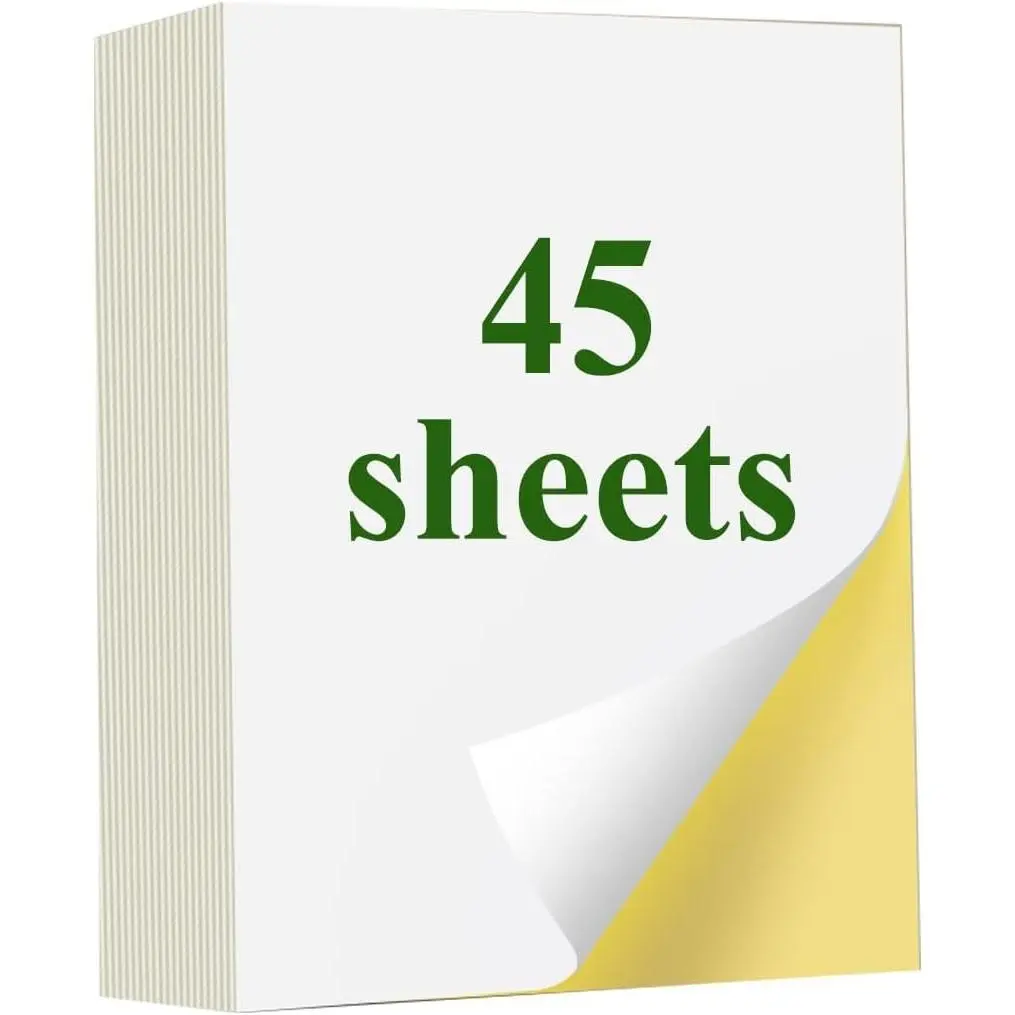 45 Sheets White Matte Printable Sticker Paper – Full Sheet Labels for Inkjet & Laser Printers, Letter Size 8.5" x 11"