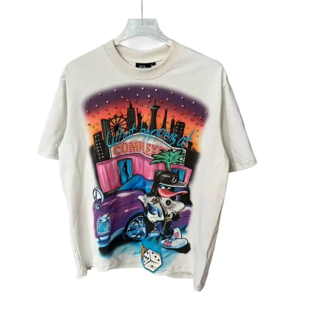 Triple Sevens American Retro Cartoon Letter Rhinestone T Shirt Pure Cotton Harajuku Hip Hop Shining Diamond Graphic Tee Y2K Loose Oversized Unisex Couple Streetwear Casual Daily Beach Party Summer Short Sleeve Crew Neck Top, Street Style, Bling, Matching,