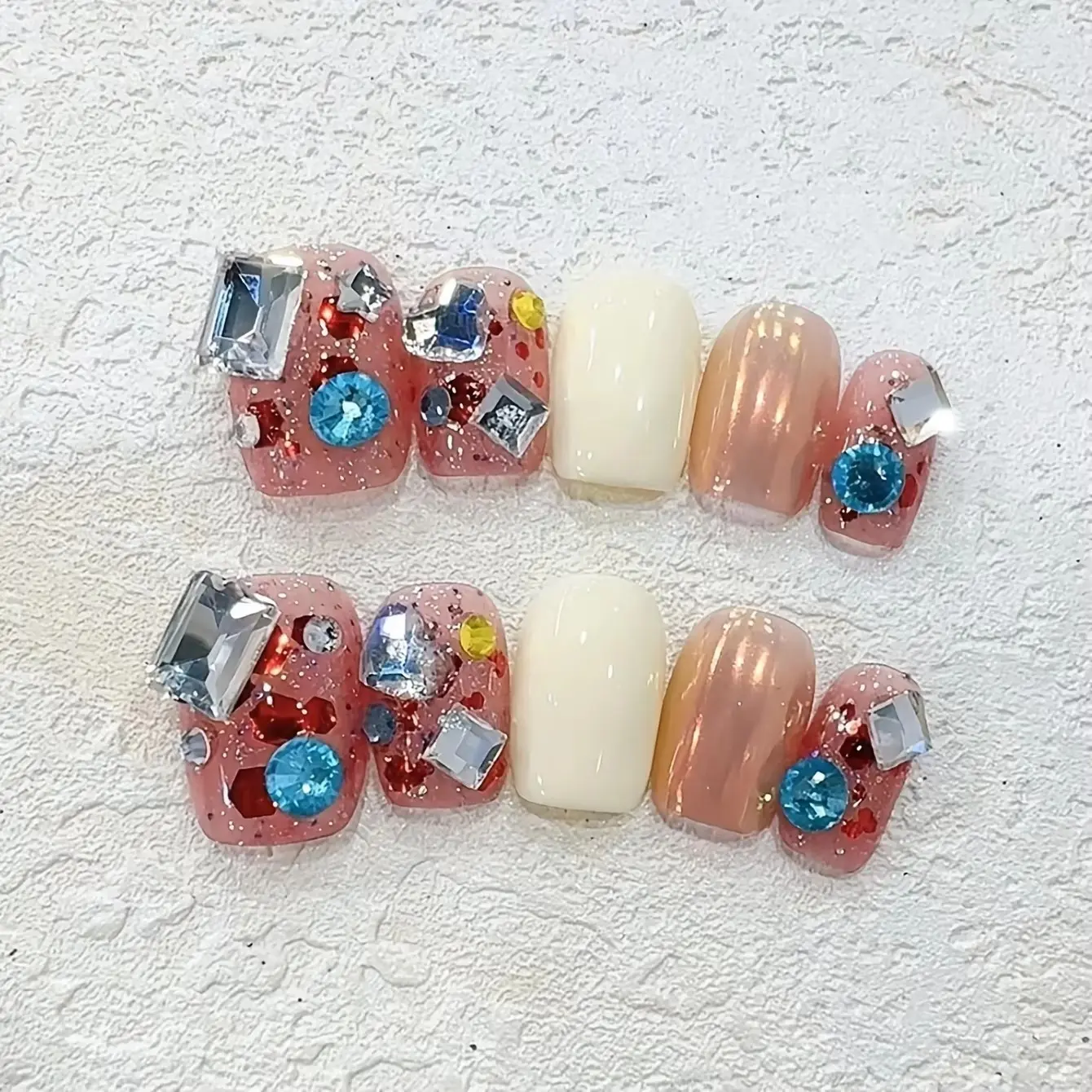 10pcs high-end Short colored diamonds handmade fake nails, Color diamond set short temperament light luxury white nail patch for Nail Art