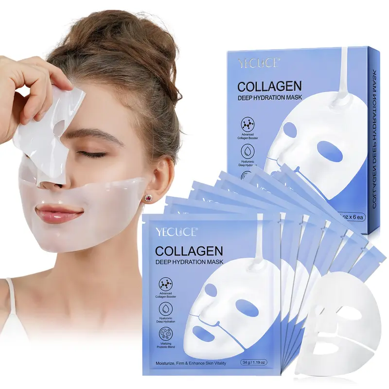 Collagen Facial Mask, 6 Counts/box Deep Hydration Moisturizing Facial Mask, Hydrating Sleeping Mask, Firming Skin Mask Moisturizer, Collagen Film Mask, Collagen Face Masks, Skincare Products, Cosmetics, Beauty Products, White