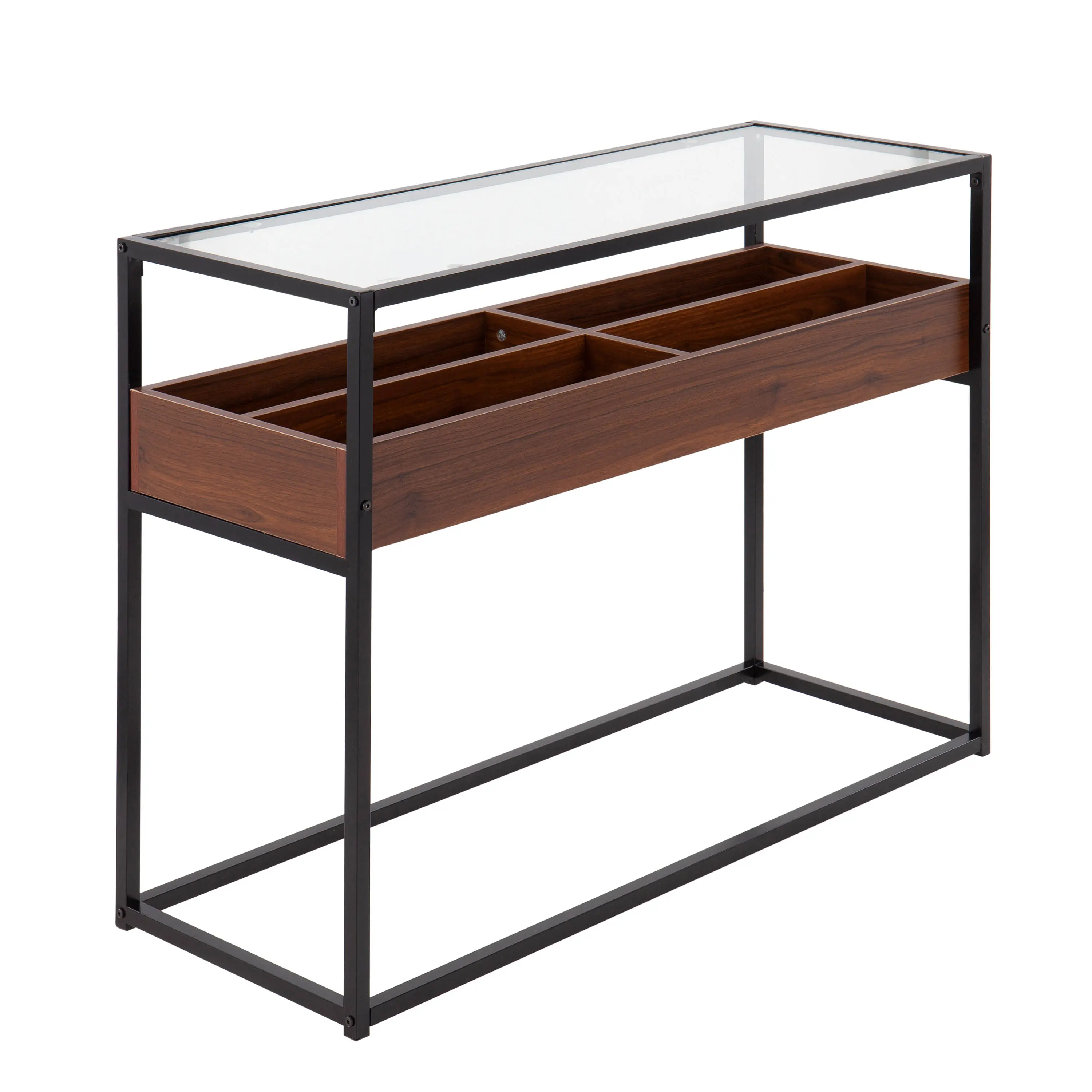 Nokaa Contemporary Console Table with Steel Frame, Tempered Glass Top, and Wood Storage Compartments - Modern Sofa Table for Living Room, Entryway, Bedroom, Hallway, Accent Furniture, Sturdy Display Table, 43.25 in, Walnut Finish