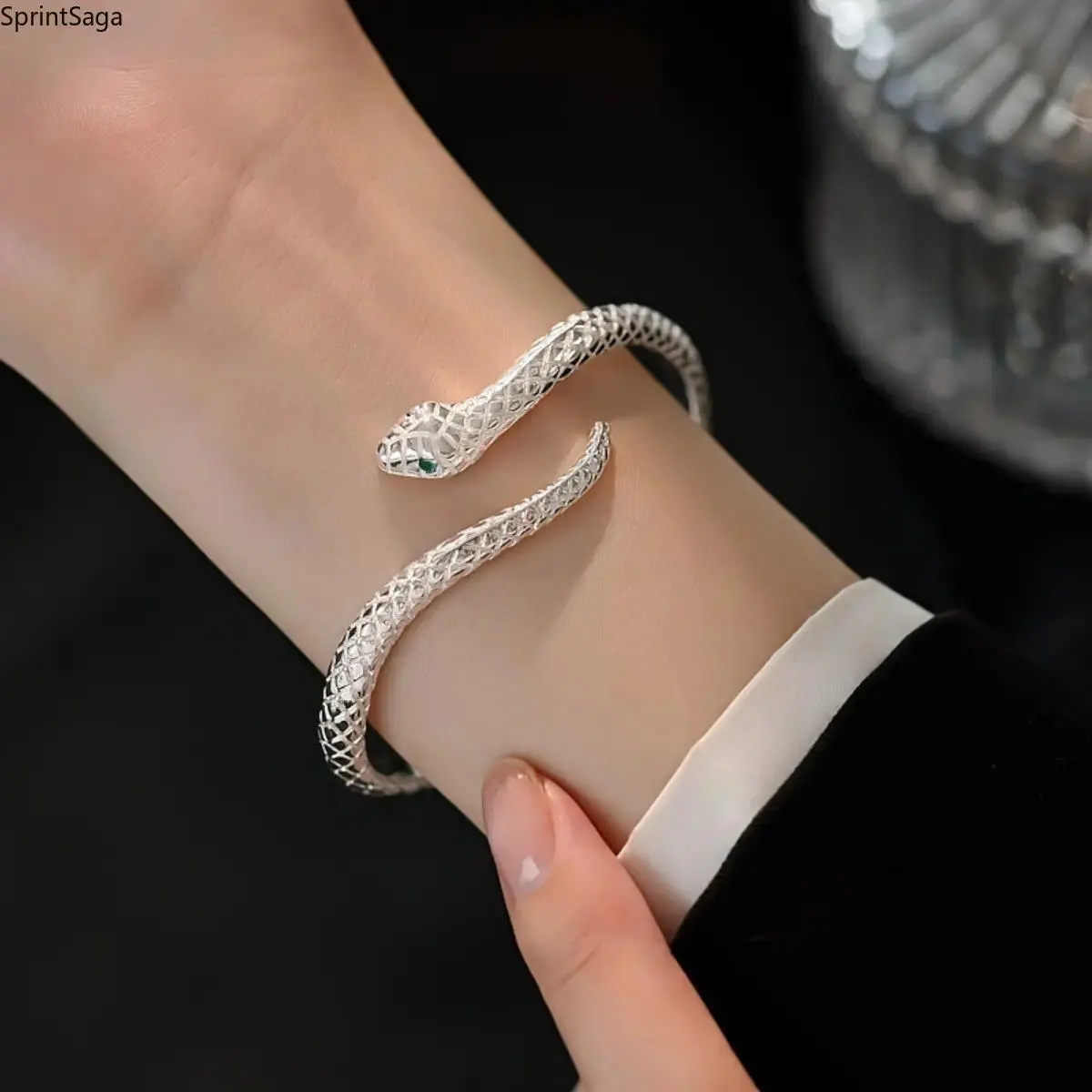 Vintage Snake Cuff Bracelet for Women - Hypoallergenic 925 Sterling Silver Bangle with Floral Trim, Zircon Eyes & Funky Statement Jewelry