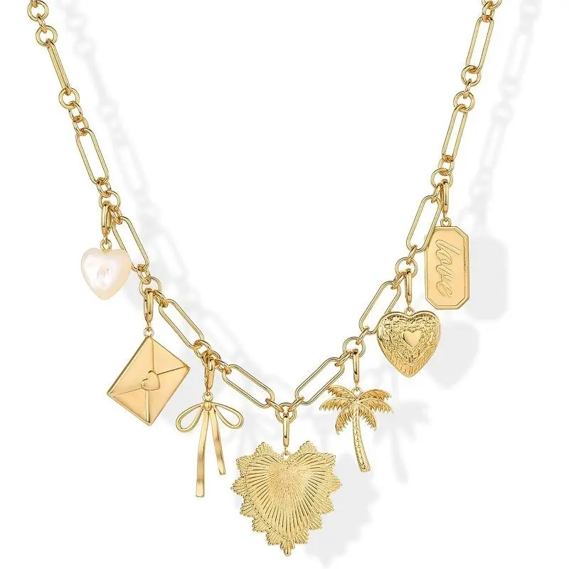 Women's 14K Gold Plated Chunky Charms Necklace Set, Removable Heart Palm Tree Bow Charms, Statement Piece Paperclip Chain, Daily Wear Women Friendship Jewelry Gift,summerwins