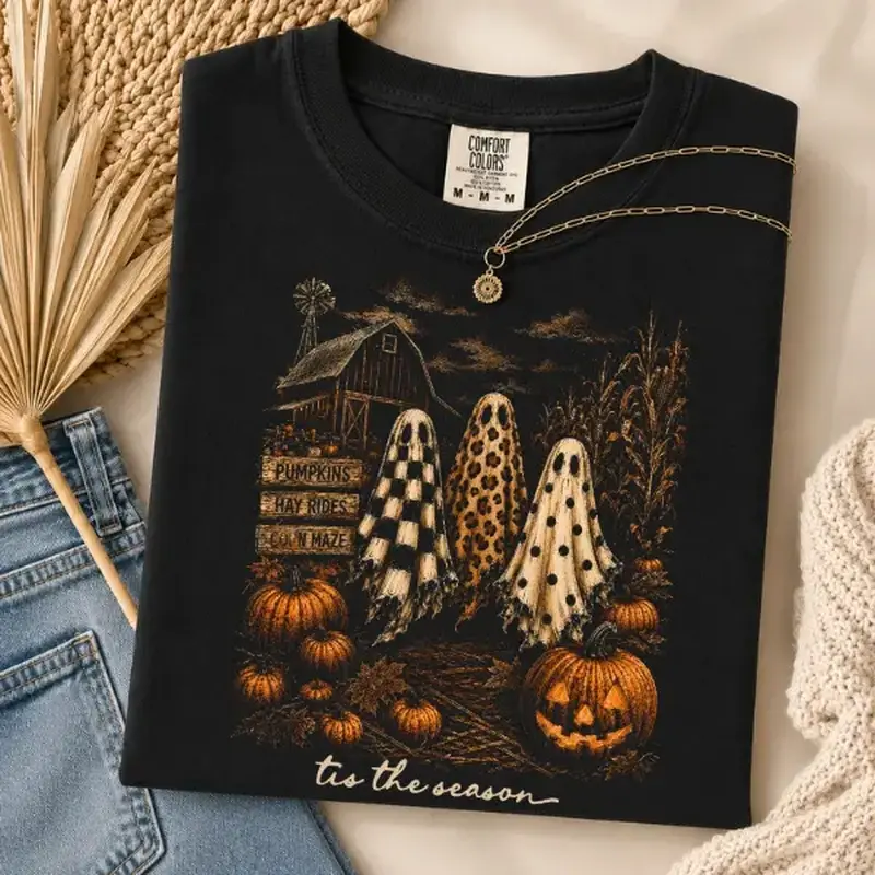 Halloween Ghost Shirt, Vintage Pumpkin Patch Tee, Fall Hay Ride Corn Maze T-Shirt, Spooky Season Gift, Unisex Halloween Top