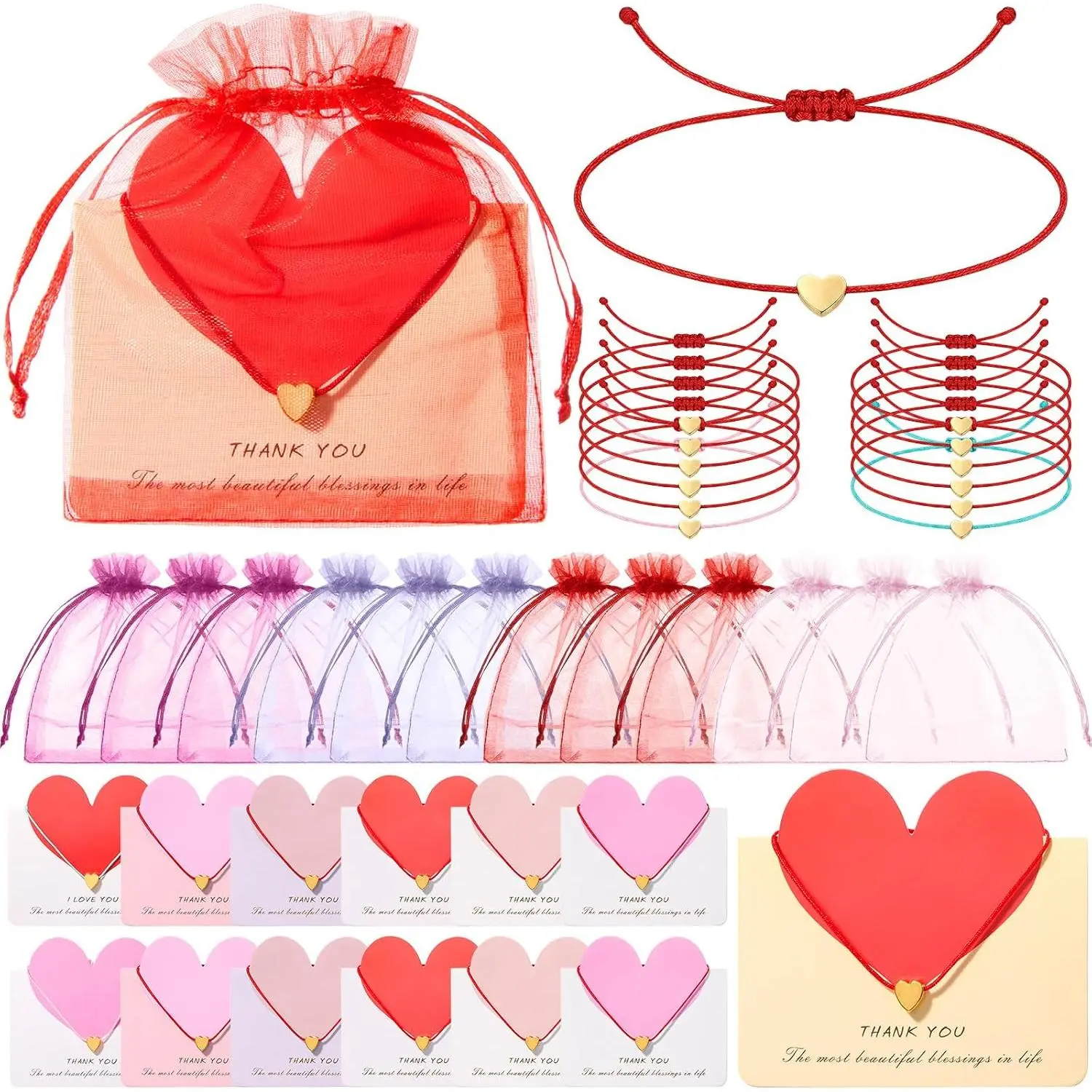 36 Set End of Year Friendship Appreciation Bracelets with Greeting Cards and Bags,  Braided Adjustable Wax Rope Bracelets with  Heart  for Students Classmates Teacher Gifts