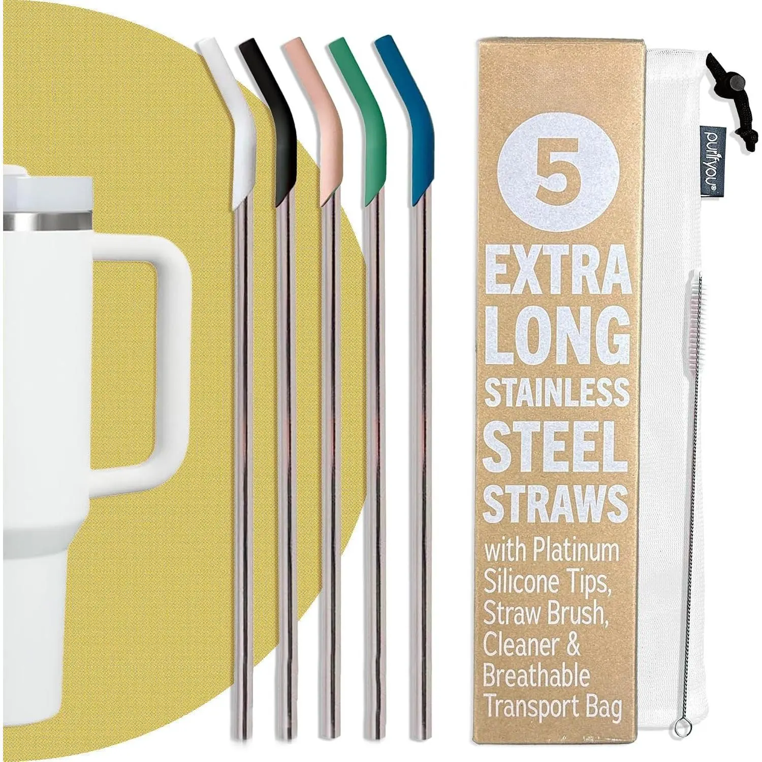 14.5" Extra Long Stainless Steel Drinking Straws with  Tips,  Metal Straws for Tumblers, Smoothies, Milkshakes (Set of 5 with Brush)