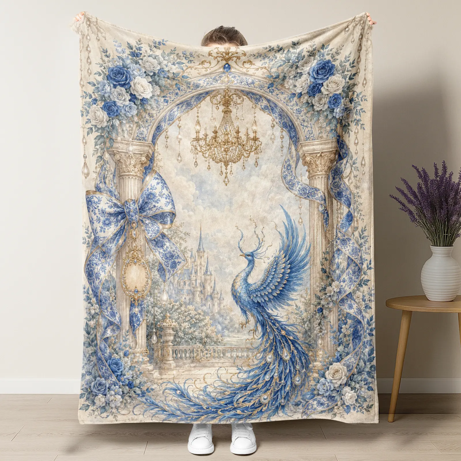 Vintage Blue Phoenix Castle Floral Throw Blanket, French Coquette Blue White Rose Arch Chandelier Pearl Bow Gold Trim Cozy Plush Fleece Blanket, Elegant Fairy Tale Palace Decor Blanket Gift for Girls Bedroom Home Decor
