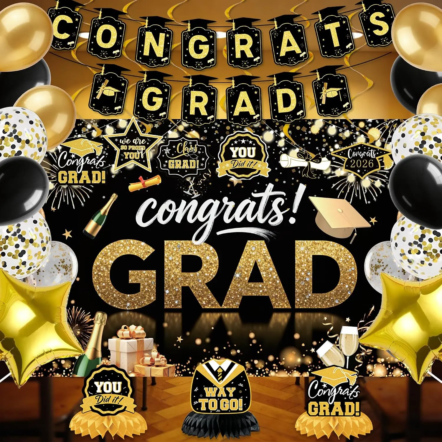 Grad Party Decorations 2026 - Black and  Congrats Grad Banner & Congrats Grad Backdrop, Extra Thick Balloons with Graduate Centerpieces  Swirls for High School College Celebration