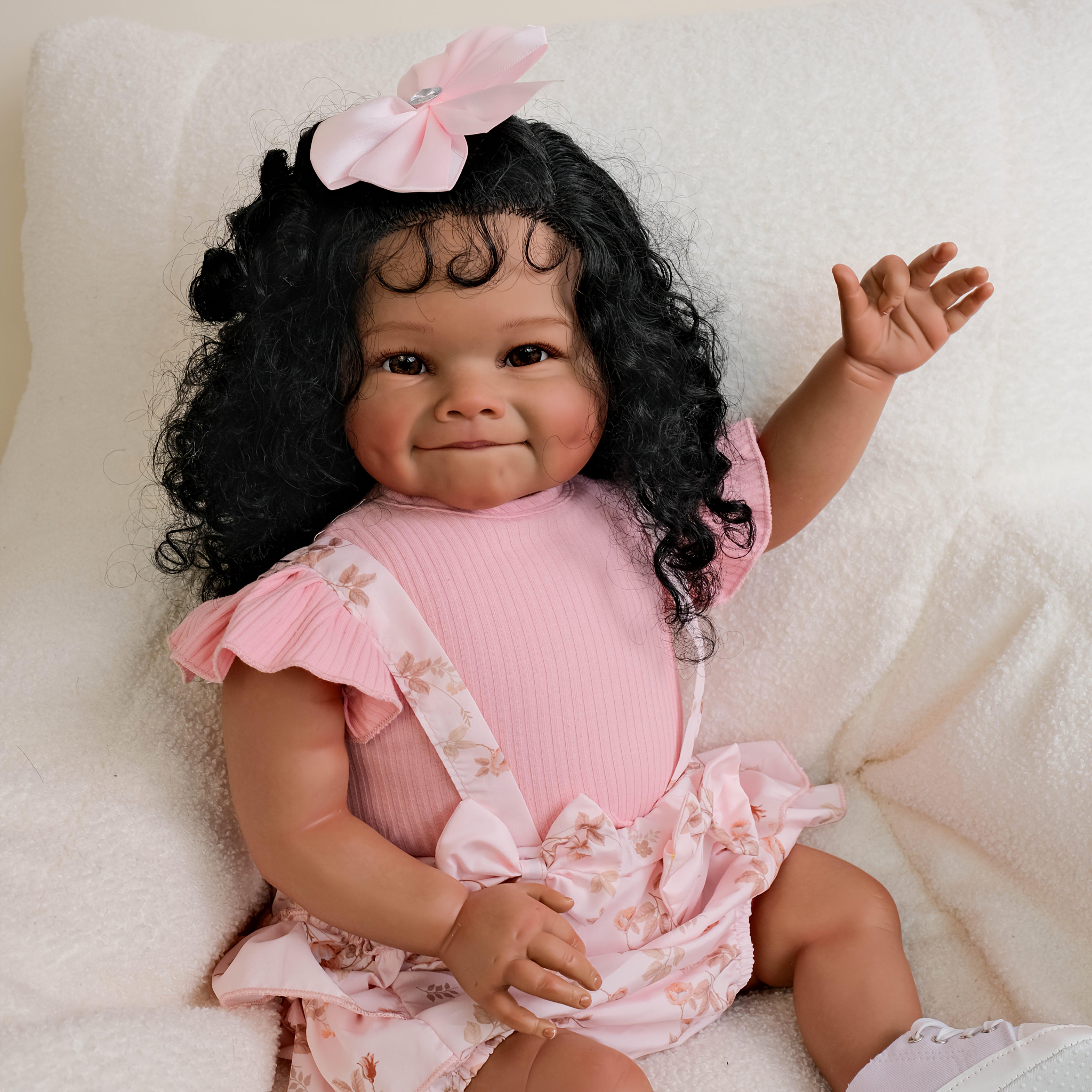 A complete set for the baby 24inch Realistic Reborn Girl Smile Doll Soft Touch HandPainted 3D Light Beige HandPlanted Curly Black Hair for Play and Collection with Clothing and Accessories Ideal for Birthday Gift