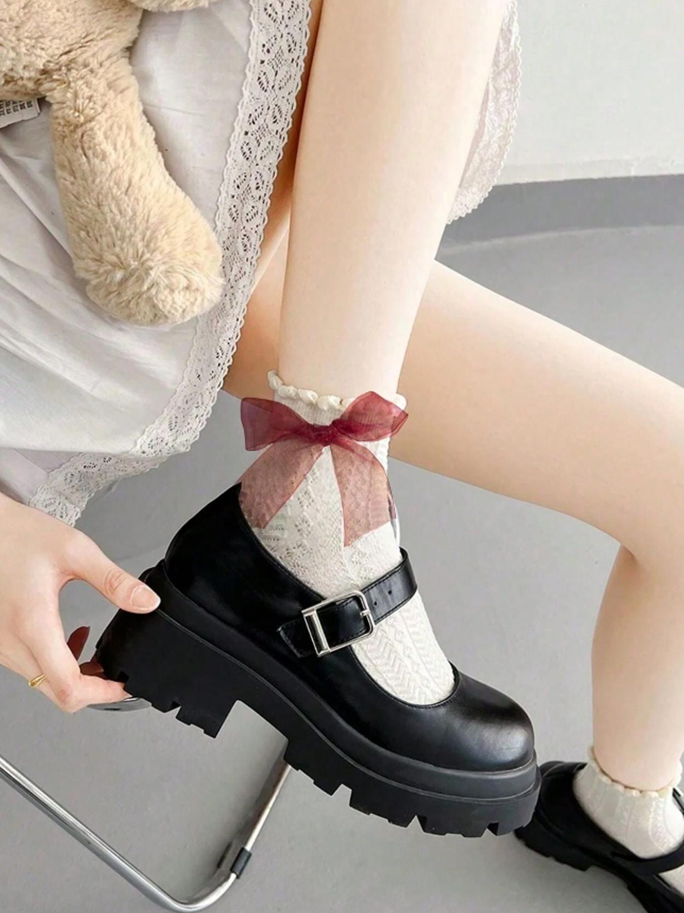 5 Pairs of Women's Simple Versatile Bow Lace Frill Lolita Mid-Calf Socks, Trendy Fashion Accessories for Every
