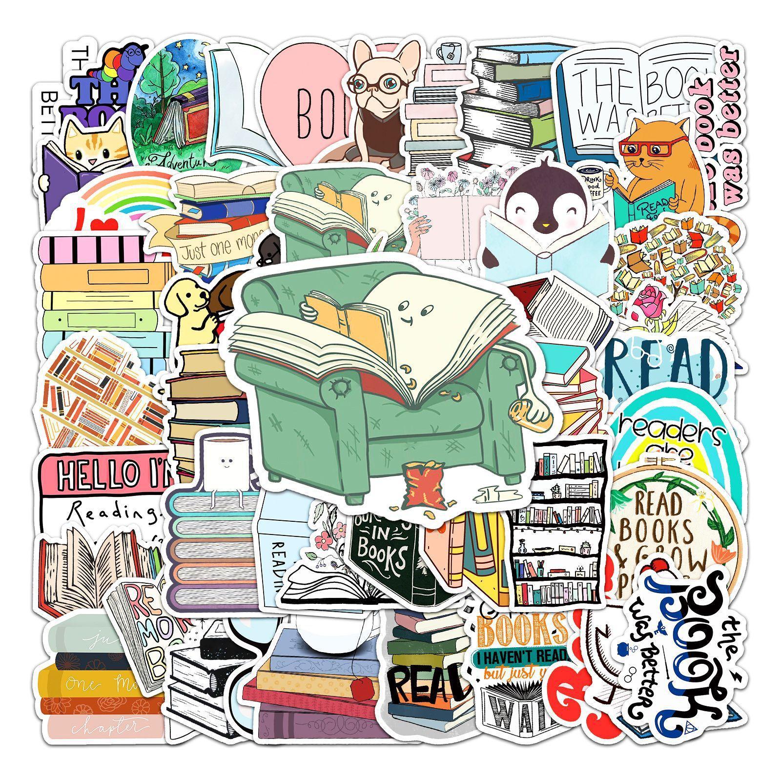 50pcs Book Pattern Water Cup Self-Adhesive Stickers, Waterproof Decorative Stickers For Scrapbooking For Student, Sticker Packs, Paper Book, Book Reading Stickers