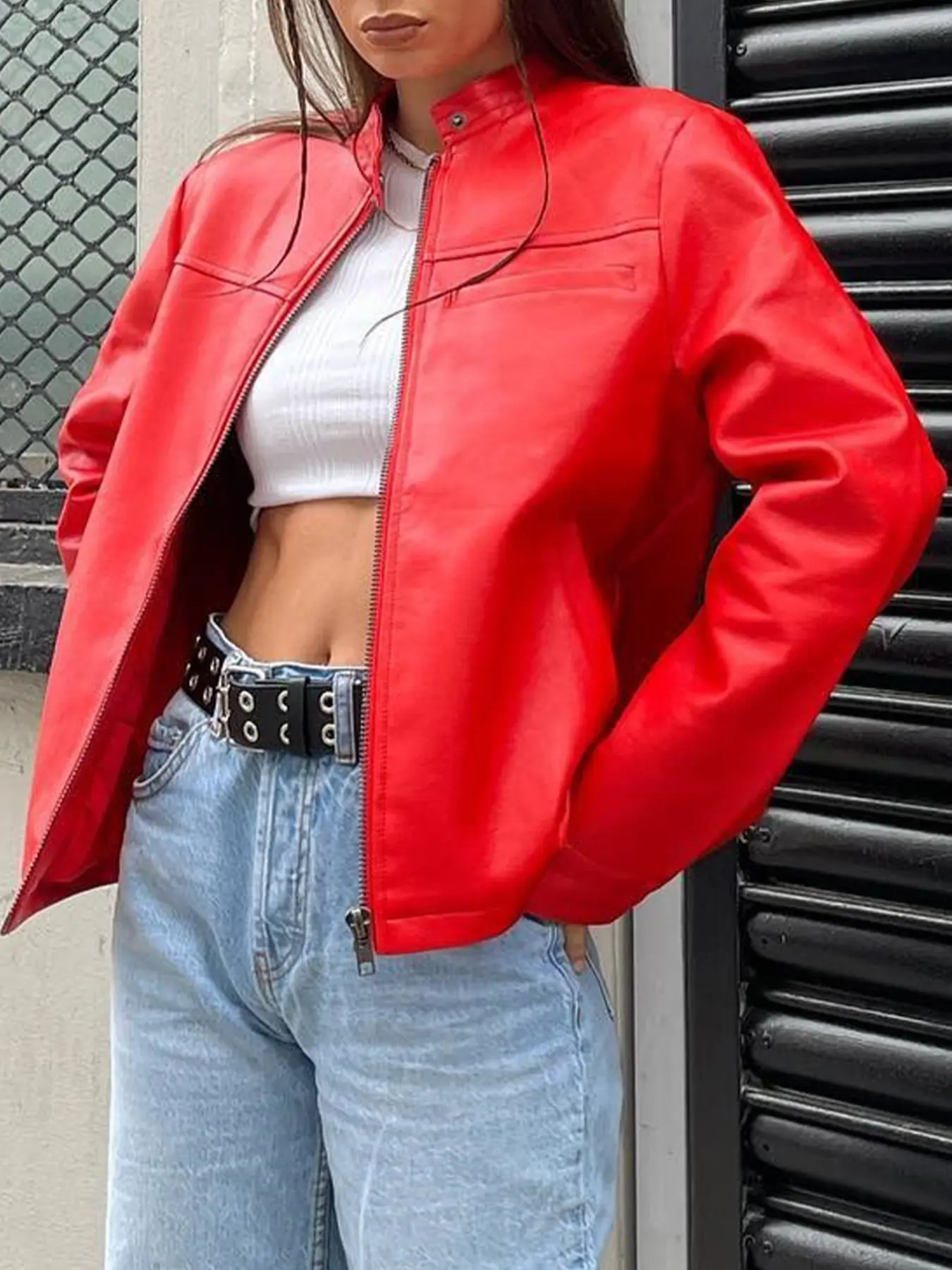 Women's Red Stand Collar PU Leather Biker Jacket, Full Zip Casual Short Coat, Pocket Detail Faux Leather Moto Outerwear for Street Fashion Club Wear, Zipper Jacket