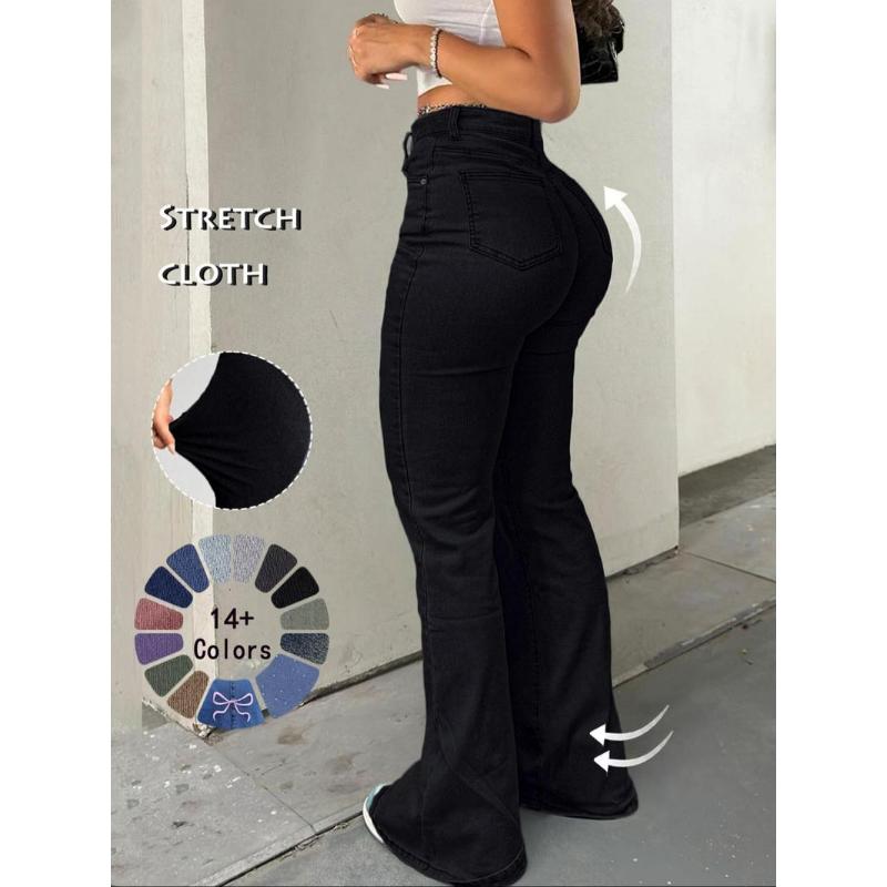 Women's High Waist Flare Leg Jeans, Casual Button Fly Pocket Design Bell Bottom Denim Trousers for Fall & Winter, Women's Bottoms for Daily Wear, Women Jeans fashion nova tall Womenswear Pants Streetwear Skinny Basic Light Wash Minimalist