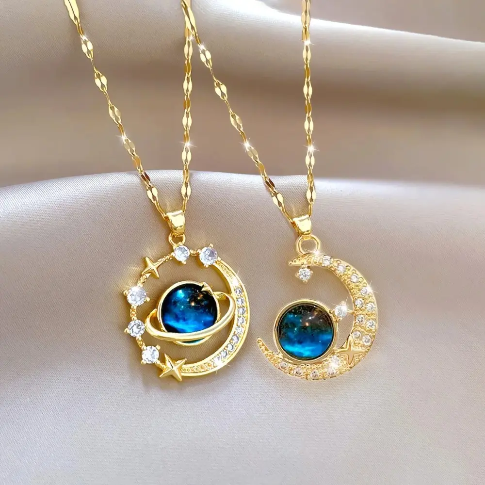Women’s Delicate Celestial Moon Pendant Necklace, Blue Planet And Moon Motif Plated Metal Astrology‑Themed Jewelry, Elegant Fashion Accessory For Daily Wear Casual Outfit And Thoughtful Gifting