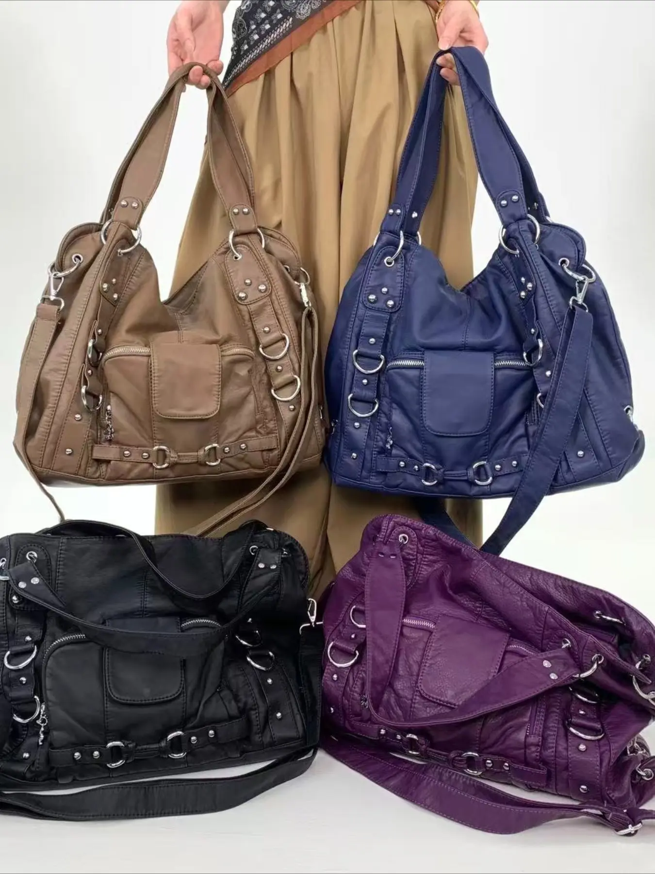 Ladies' retro vintage vintage vegan leather motorcycle tote bag washed spicy girl wasteland style multi pocket soft leather shoulder bag detachable shoulder strap fashionable large capacity diagonal cross bag personalized street Y2K handbag suitable