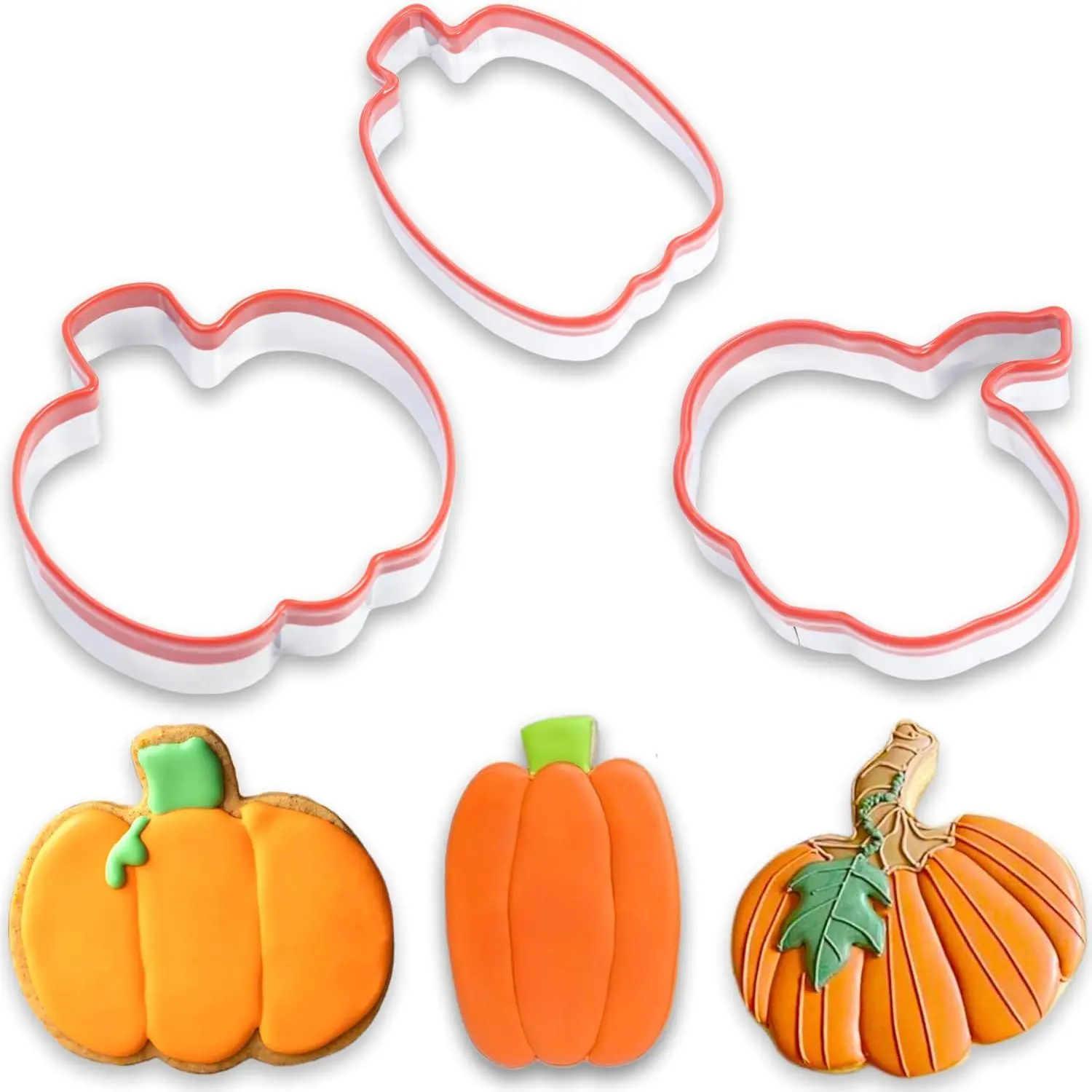 3 count Pumpkin Cookie Cutters Set, Includes Classic, Tall &  Pumpkin Shapest, Halloween & Thanksgiving Biscuit Cutters, Coated with Soft Rubber for Protection