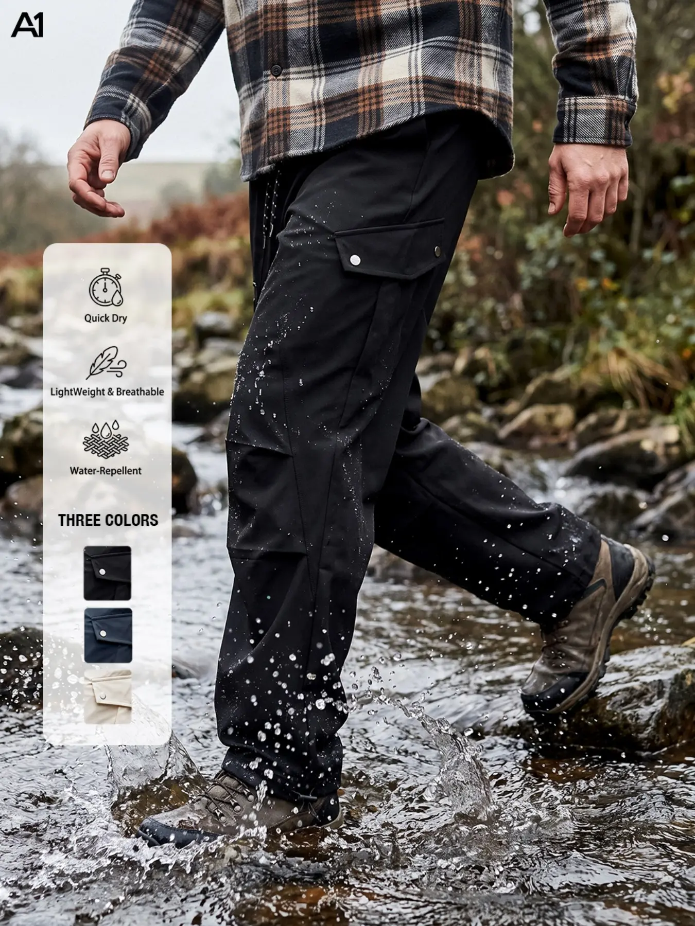 A1 Men's Lightweight Water-Resistant Cargo-Style Joggers Quick Dry Hiking Pants Elastic Drawstring Waist Outdoor Athletic Trousers for Fishing Casual Streetwear
