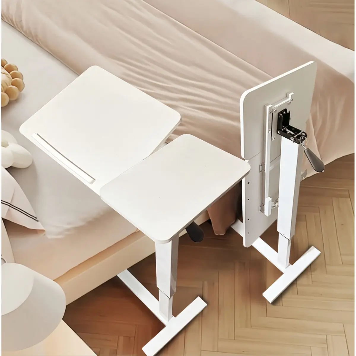 AobtkelOverbed Bedside Desk, Mobile Rolling Laptop Stand Tilting Overbed Table with Wheels, Height Adjustable Tray Table for Laptop Bed Sofa Side Table, Bedside Table (WHITE)