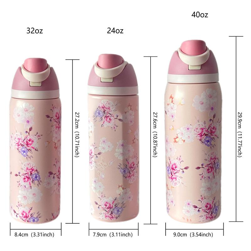 Floral Pattern Vacuum Flask, 1 Count Portable Water Bottle with Straw, Drinking Cup for Home Office School Outdoor Camping, Tumbler with Lid, Drinkware