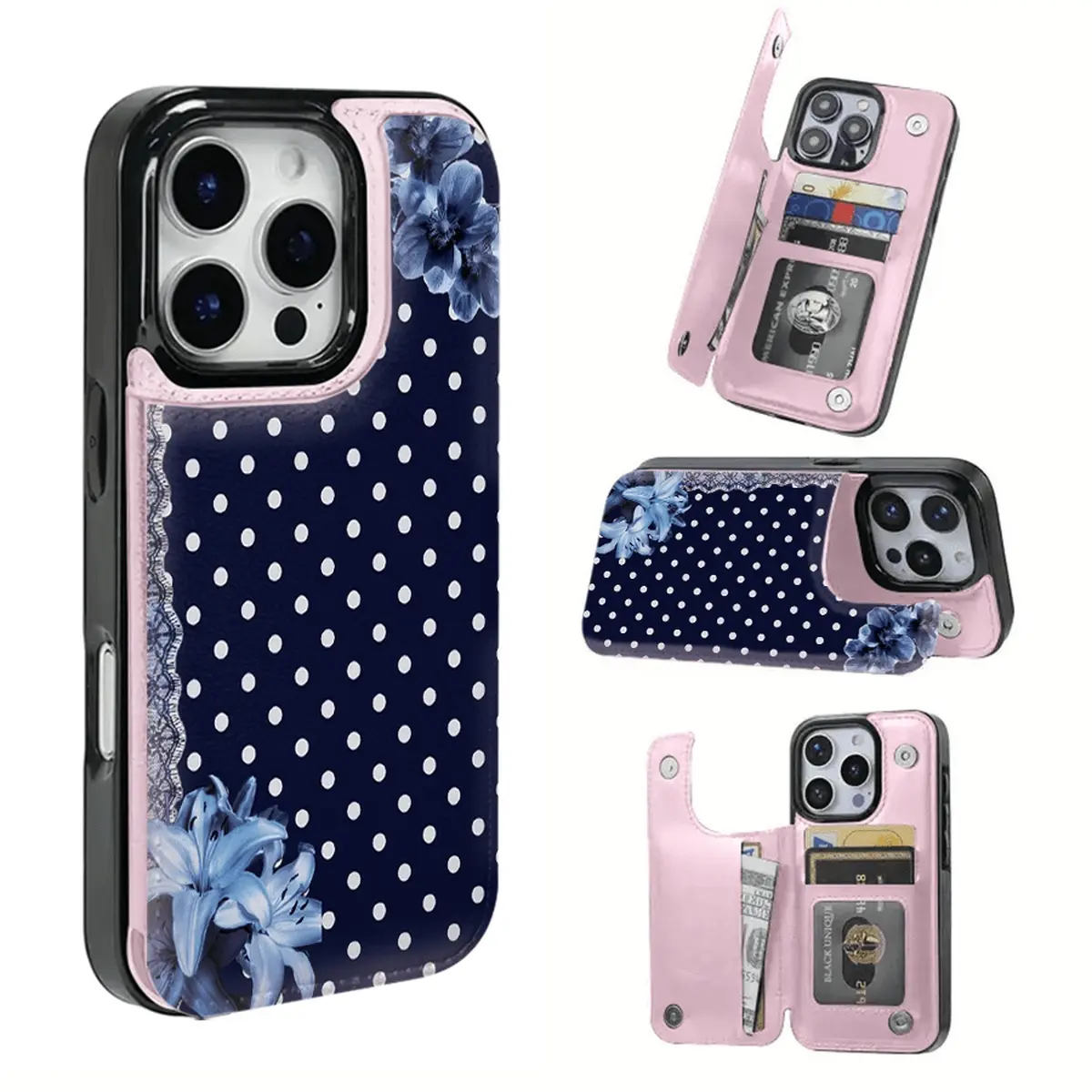 Blue lace polka dot floral pattern card holder phone case, can hold bank cards and transit cards, compatible with iPhone 17 Pro Max/Air/16/15/14/13/12, wallet phone case, great gift choice pearl dot dream pattern