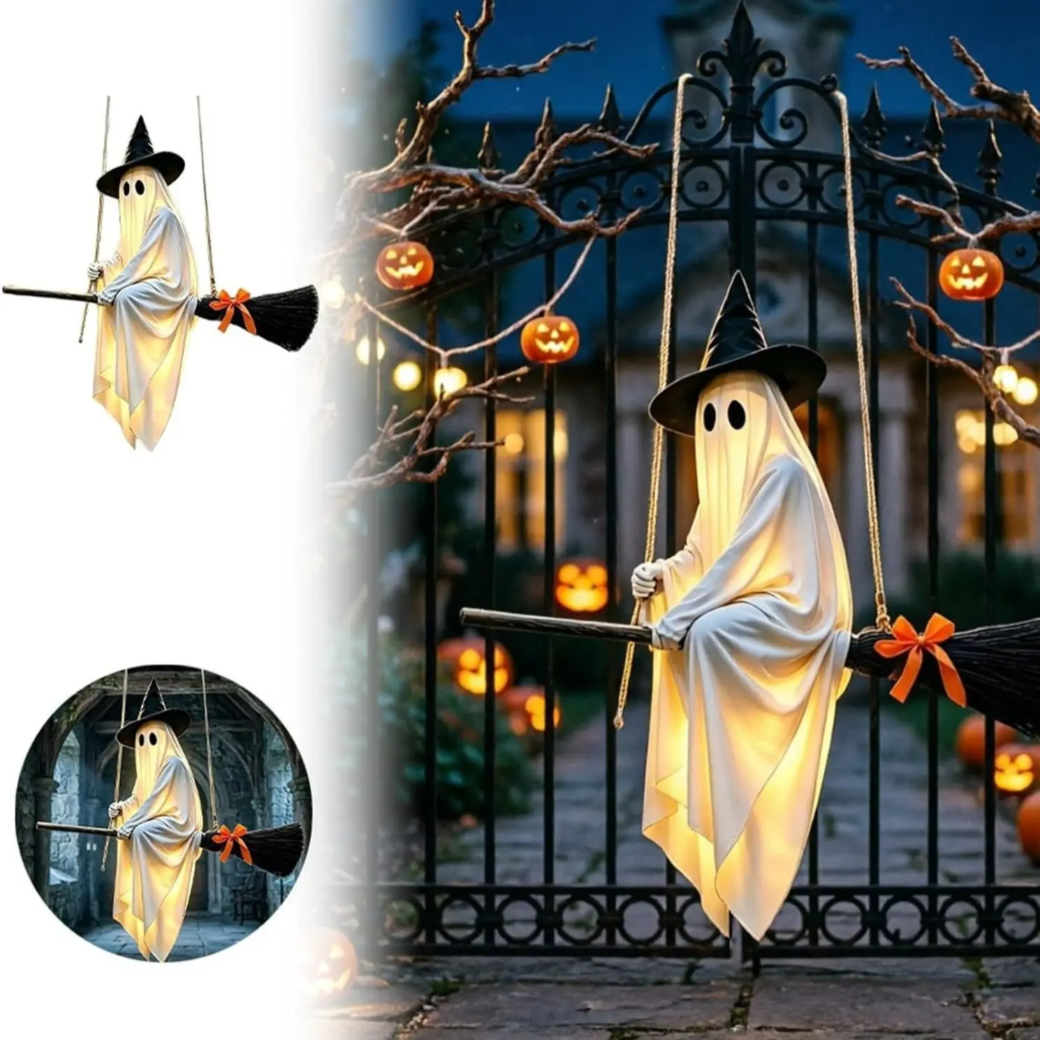 Creative New Flying Broom Ghost Halloween Scene Atmosphere Lawn Outdoor Haunted House Decoration Props, Unique Halloween Decorations