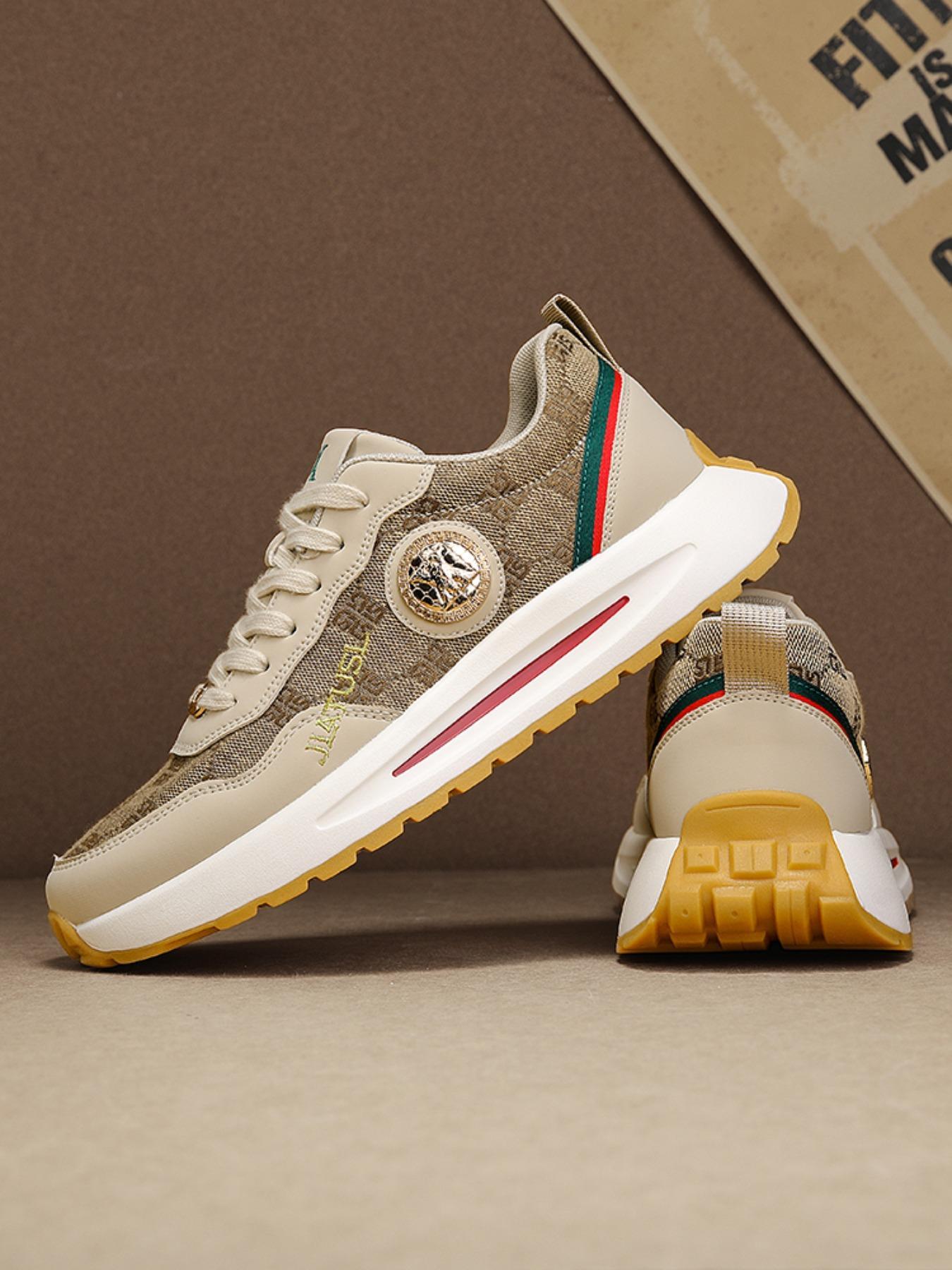 Men's Khaki Luxury-Inspired Chunky Sneakers, Gold Emblem Accents, Retro Monogram Design, Thick Cushioned Sole, Streetwear Casual Shoes for American Trendsetters