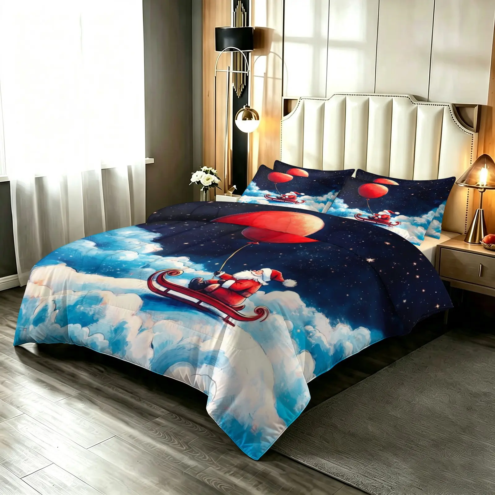 3-Piece Santa Sleigh Pattern Quilt Set, Soft and Comfortable, Ideal for Christmas Decor, Bedroom, Guest Room, All-Season Home Decor