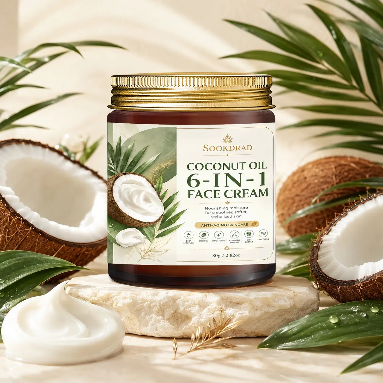 Coconut Oil 6-In-1 Face Cream, Deep Moisturizing, Firming, Brightening, Collagen Support, Skin Barrier, Smoothing, Nourishing, Revitalizing, For Face, All Skin Types, 80g/2.82oz