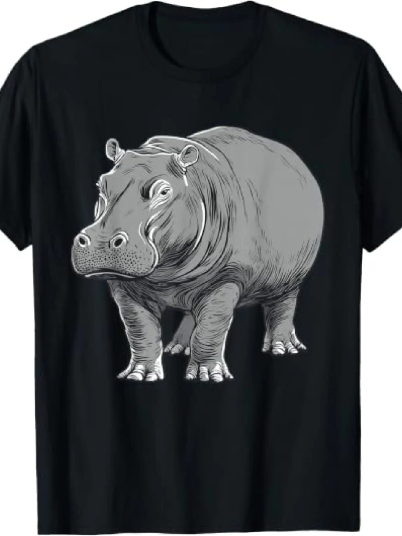 Round Neck Short Sleeve T-Shirt, Sketch Large Hippo Full Body Hand-Drawn Print, Vintage Animal Style, Unisex Top