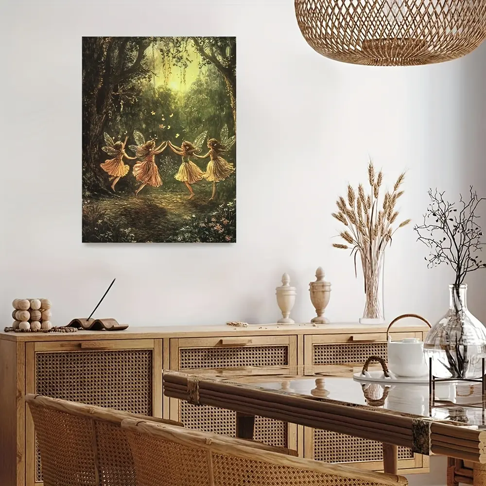Magical Fairy Dancing Framed Canvas Wall Art - Industrial Minimalist, Flower Motif, Waterproof, Box Packaging, Ready To Hang - Nursery Decor, Kids' Christmas Gift
