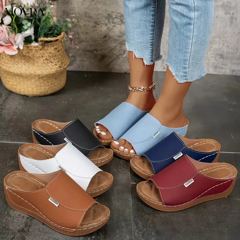 MOVRA1 Women's Open-Toed Wedge Sandals - PU Leather Casual Wear Slippers, Vacation-Style Outdoor Flip-Flops, Fashionable Footwear, Open Toed Sandals